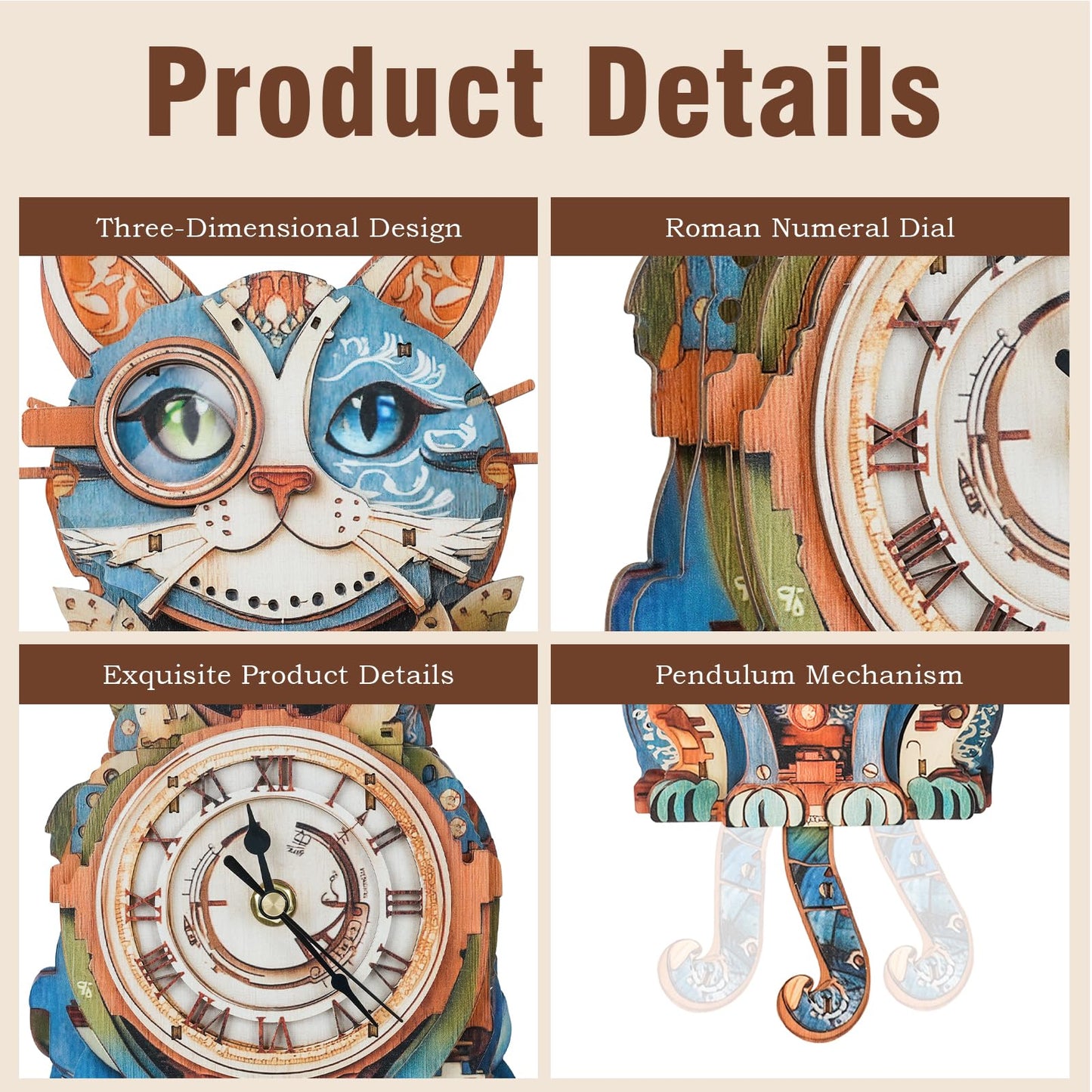 Cutywood 3D Puzzles for Adults Clock-Cat Detective Design Model Kit-Mechanical DIY Pendulum Clock with Roman Numerals-Desk Home Office Decor Personalized Gift for DIY Lovers