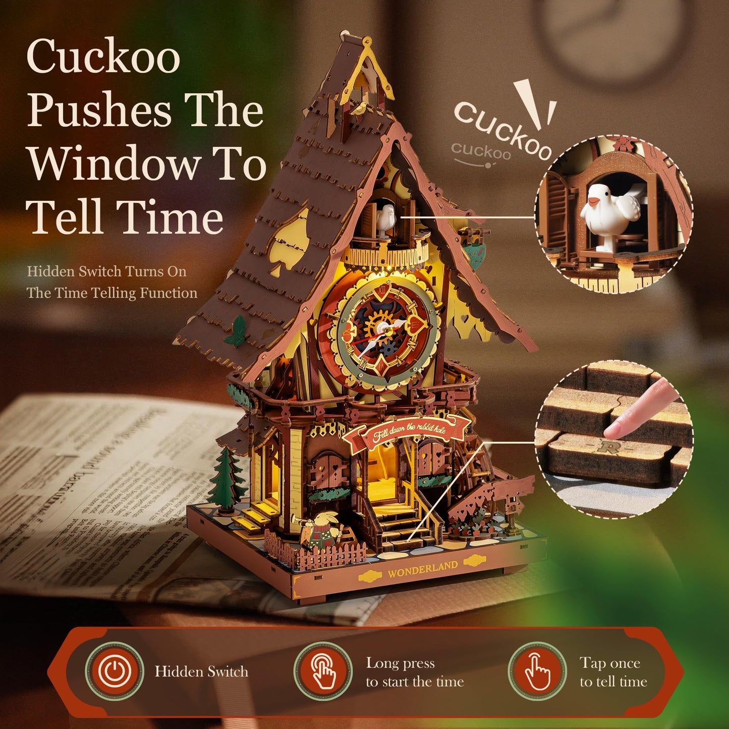 ROBOTIME 3D Wooden Puzzles for Adults-Cuckoo Clock Wooden Models for Adults to Build-435 Piece Model Kit with 2 Lights-Gift for Craft Enthusiast Model Building Set (Colourful)