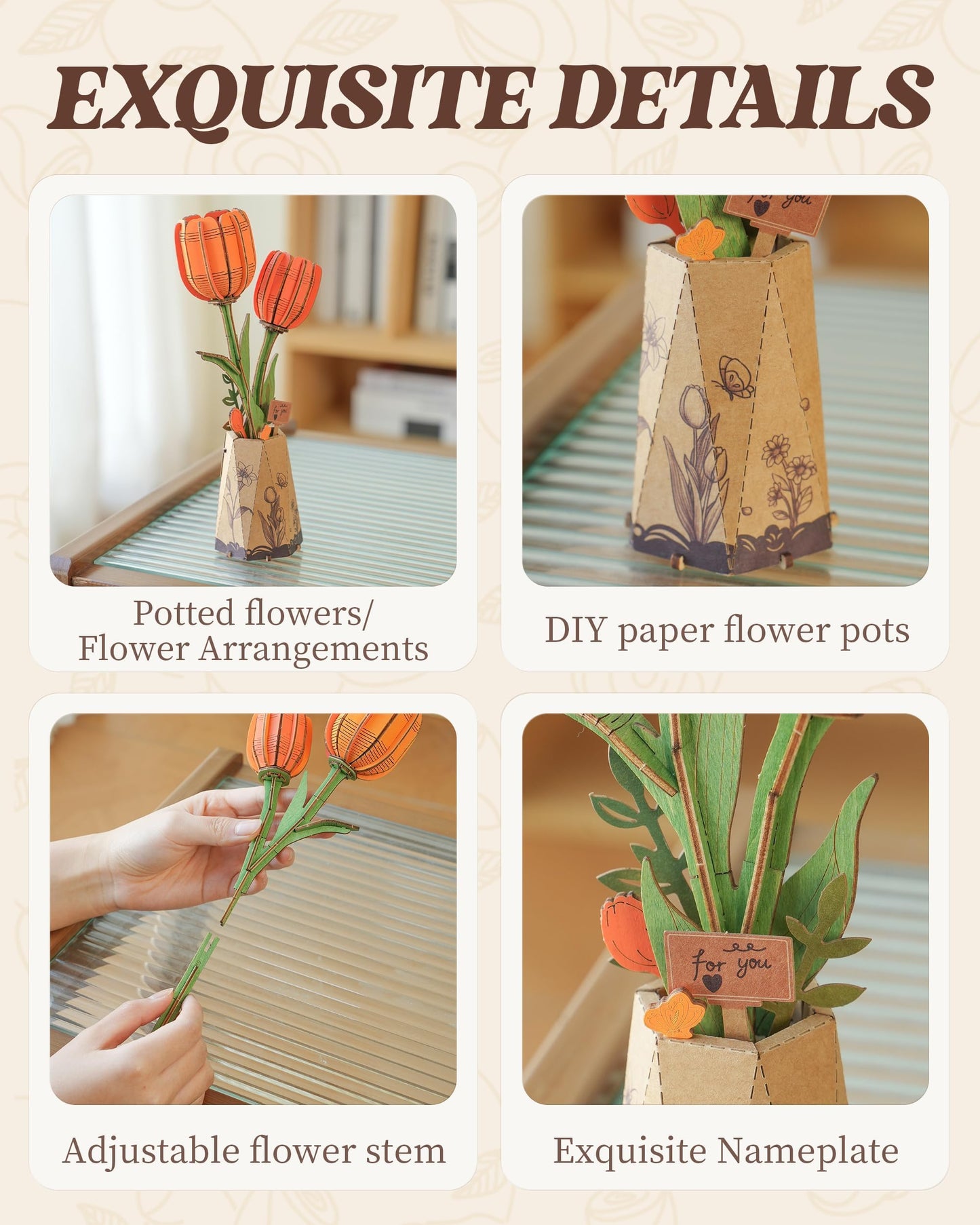 ROBOTIME 3D Puzzle Orange Tulip TW081, DIY Wooden Flower Craft, Artificial Flowers Model Kit to Assemble for Adults, Home Decoration and Valentine's Day Toy Gift Set