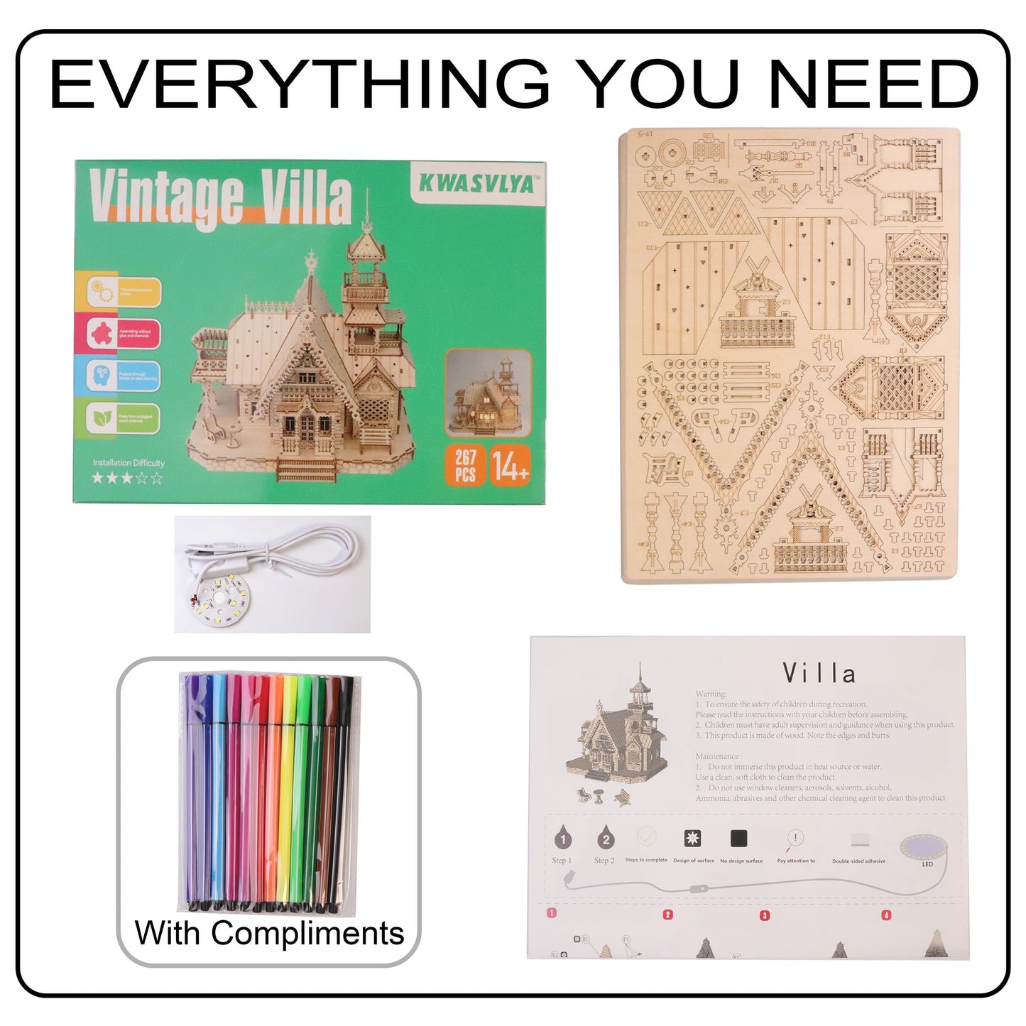 KWASVLYA Vintage Villa 3D Wooden Puzzle,Building Kits for Adults and Teens,Educational Brain Teaser Assembly Model with LED Lights,Skill Building and Creative Fun