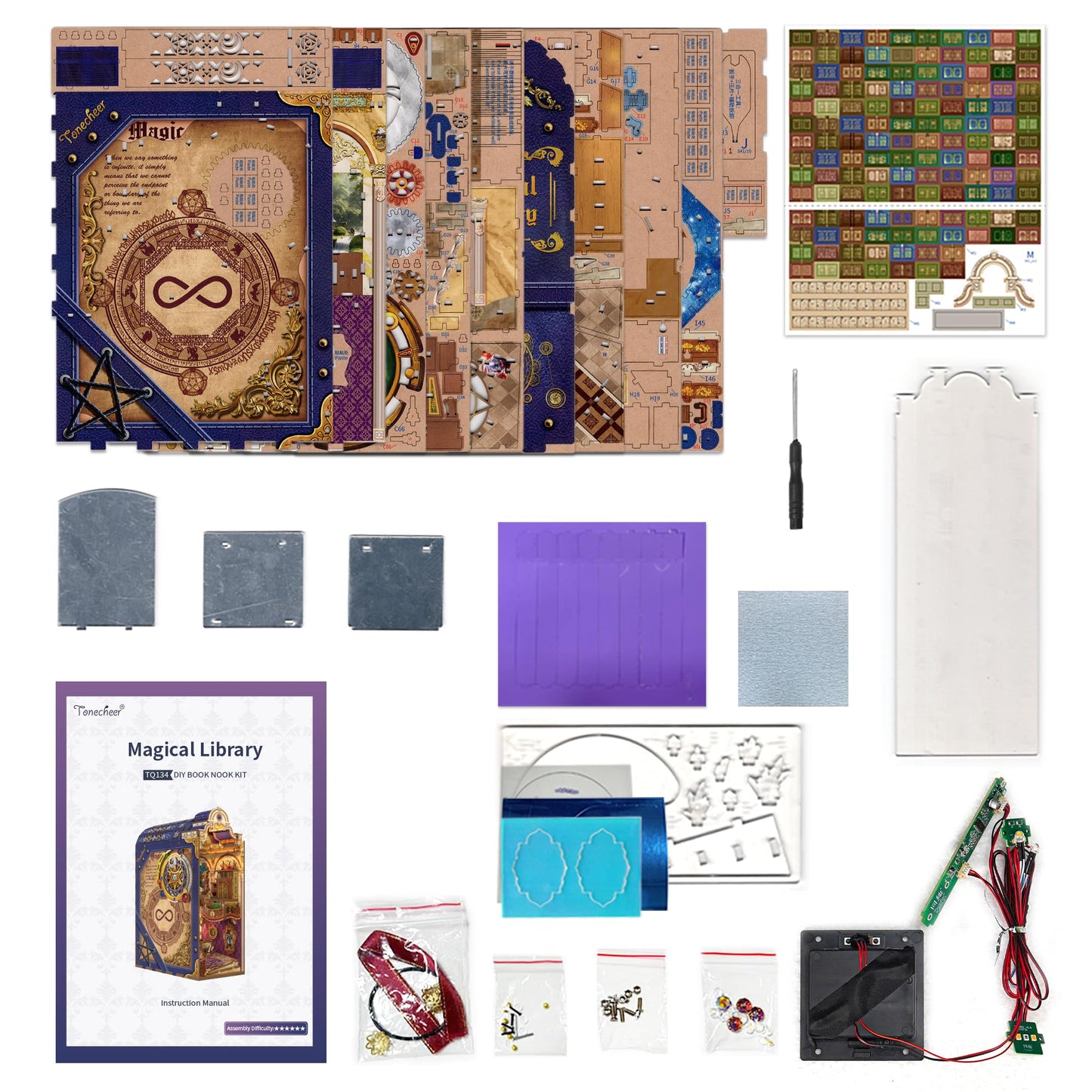 Tonecheer DIY Book Nook Kit for Adults, 3D Wooden Puzzle Bookend Miniature House Kit, Booknook Bookshelf Insert Decor with Dust Cover and LED Lights Gifts (Magical Library)