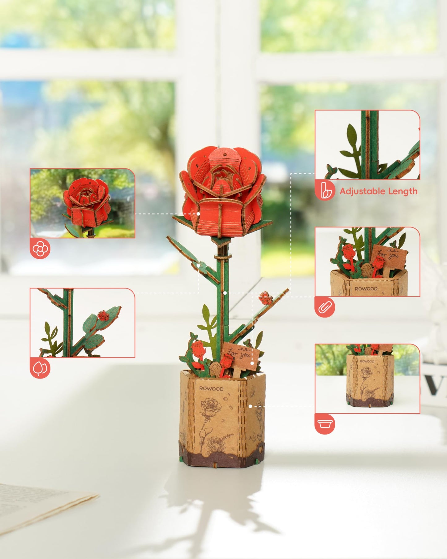 rowood 3D Puzzle Wooden Flower,DIY Artifical Flower Building Toy Set Craft Kit for Women,Mother's Day/Valentine's Day/Teacher's Day/Thanksgiving/Christmas/Birthday Choice-Red Rose