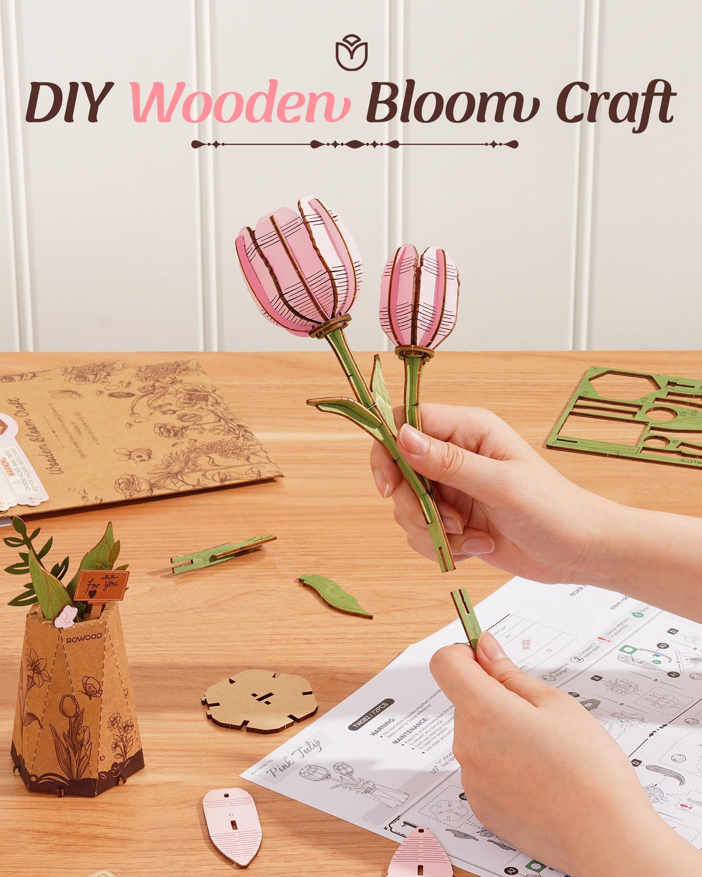 rowood Wooden Flower,3D Puzzles for Adults,Artifical Flower Botanical Collection Building Kit,Mother's Day/Valentine's Day Pink Tulip