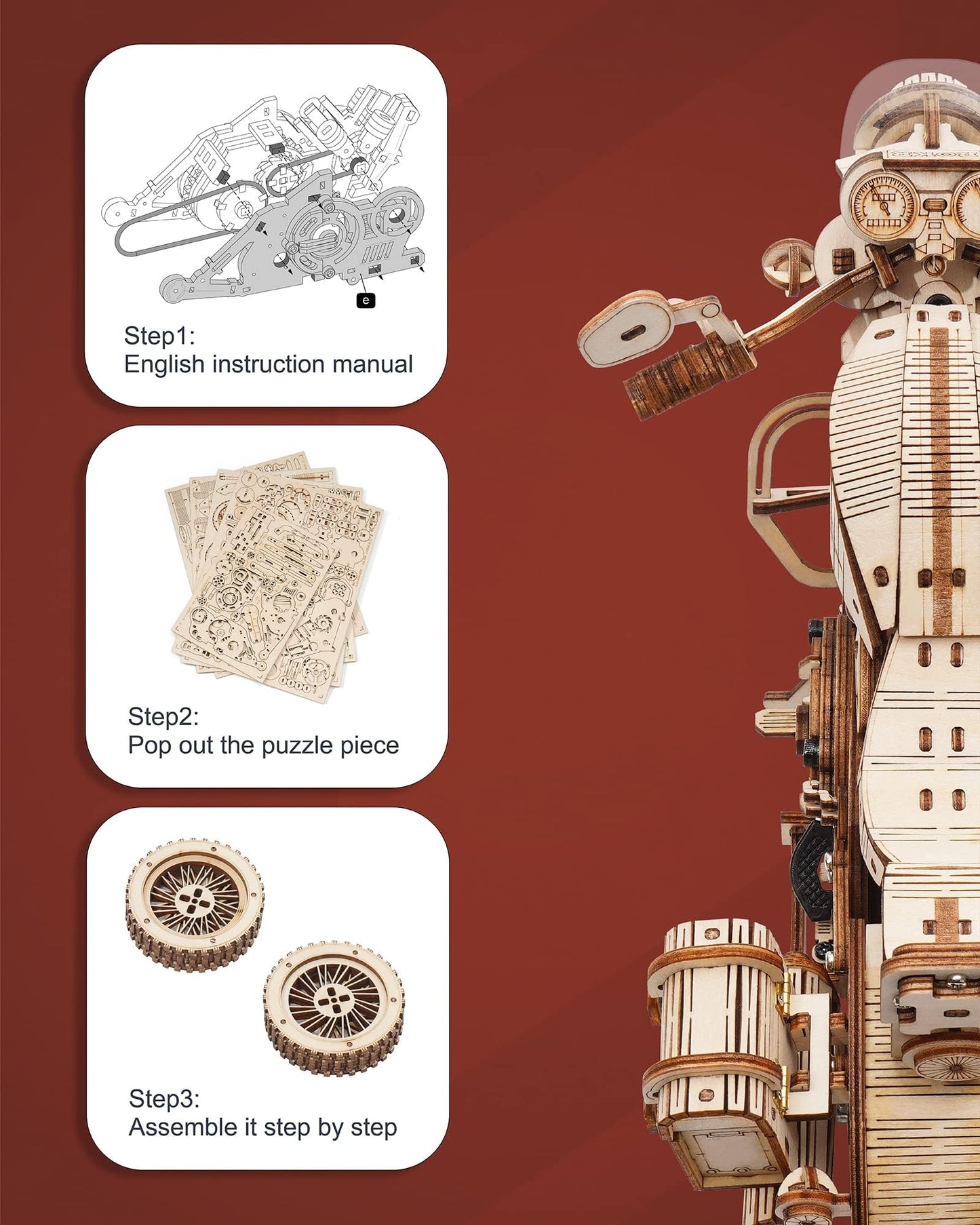 ROKR 3D Wooden Motorcycle Puzzle-1:8 Scale Wood Model Motorcycle Kits to Build for Adults