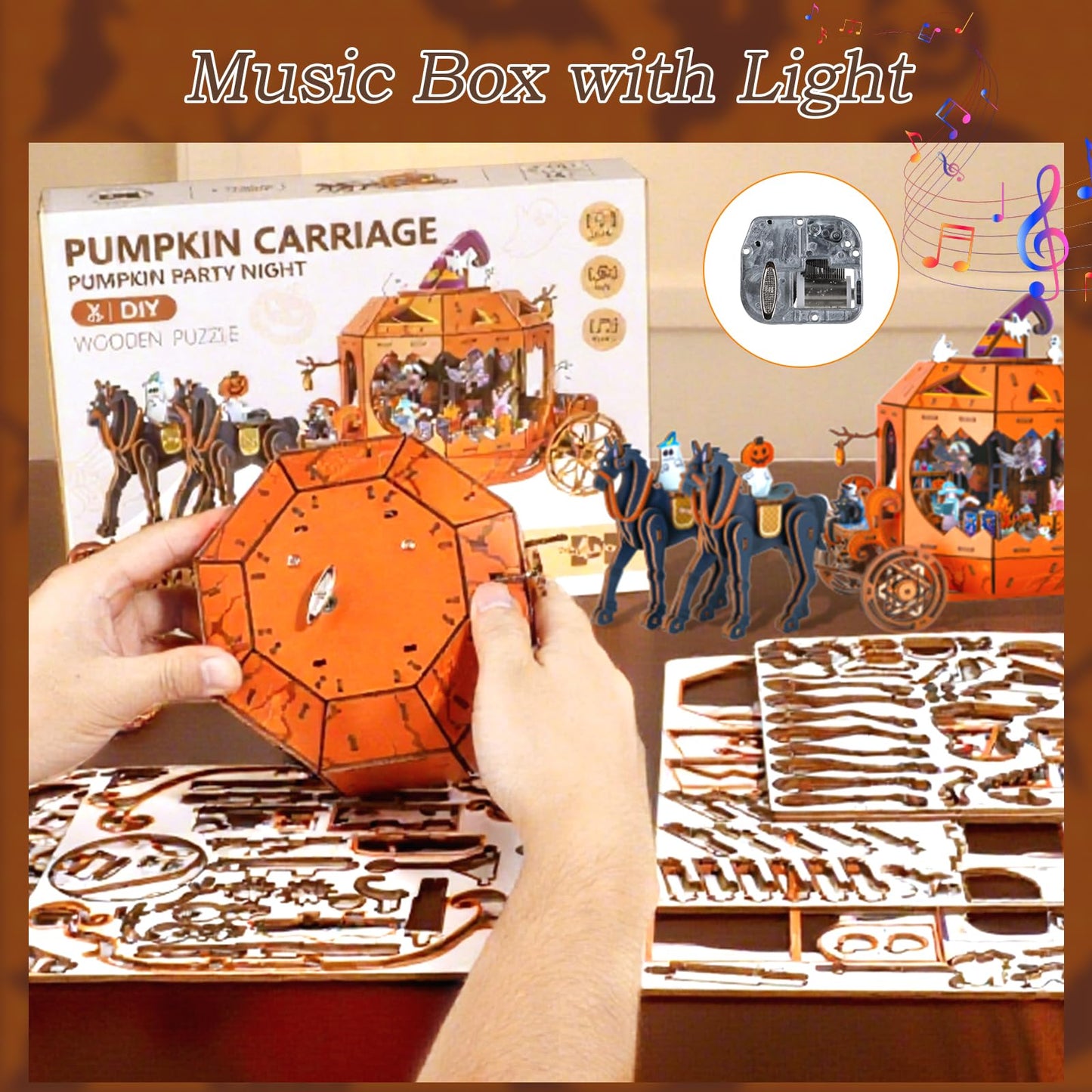 Halloween 3D Wooden Puzzles for Adults, 274 PCS Pumpkin Carriage Puzzle Kit Model with Lights, Music Box & Running Carriage, Boo Basket Stuffers Halloween Toy Gift for Teens, Men & Women
