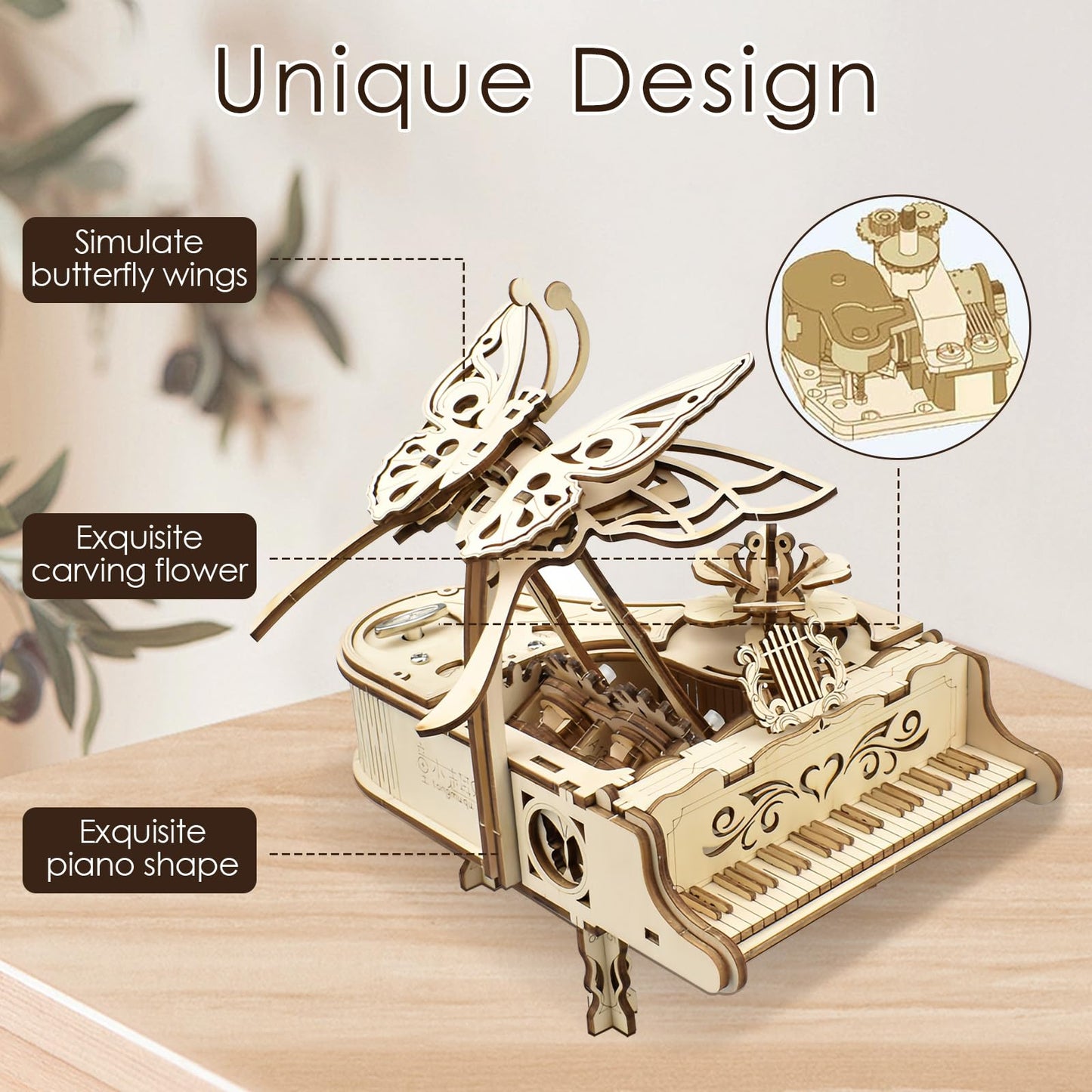 Foyucool 3D Wooden Puzzles, DIY Mechanical Puzzle Model Kits, 143 Pieces Wooden Models for Adults to Build, Home Decor, Piano Music Box with Butterfly