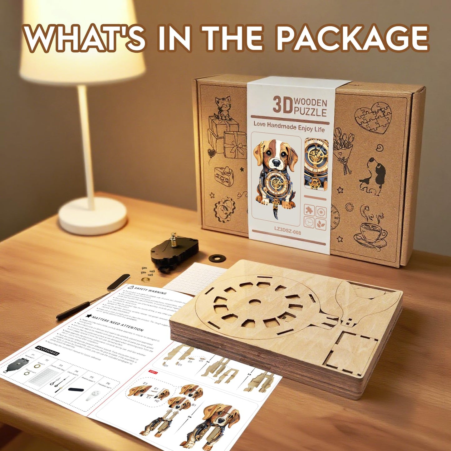 Cutywood 3D Puzzles for Adults Clock-Beagle Design Model Kit-Mechanical DIY Pendulum Clock with Roman Numerals-Desk Home Office Decor Personalized Gift for DIY Lovers