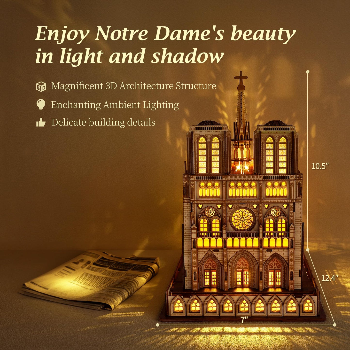 FUNPOLA LED 3D Wood Puzzle - Notre Dame de Paris Architecture Model-Night Edition with LED Lighting- DIY Building Model Craft Kit, Architecture Building Set