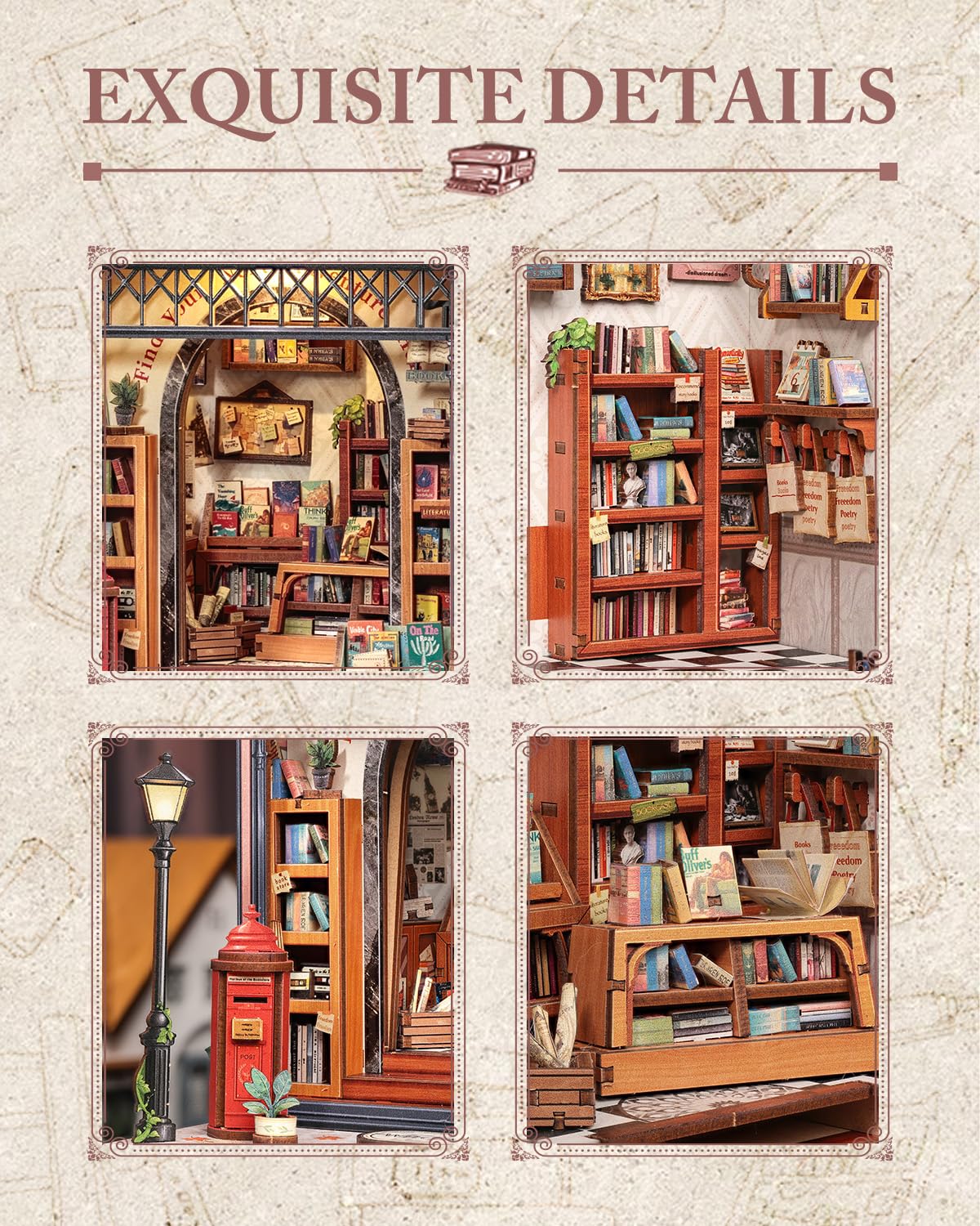Cutefun Book Nook Kit, DIY Miniature Dollhouse Library Kit for Adults and Teens, Tiny House Building Bookshelf Insert Decor with LED Light, Gifts for Family and Friends (Jack's Bookery)