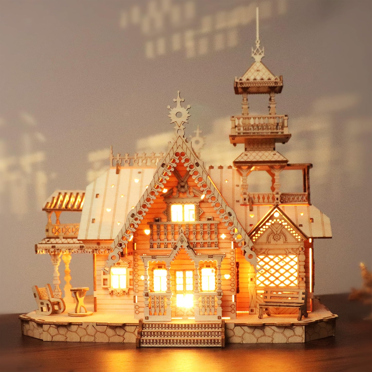 KWASVLYA Vintage Villa 3D Wooden Puzzle,Building Kits for Adults and Teens,Educational Brain Teaser Assembly Model with LED Lights,Skill Building and Creative Fun