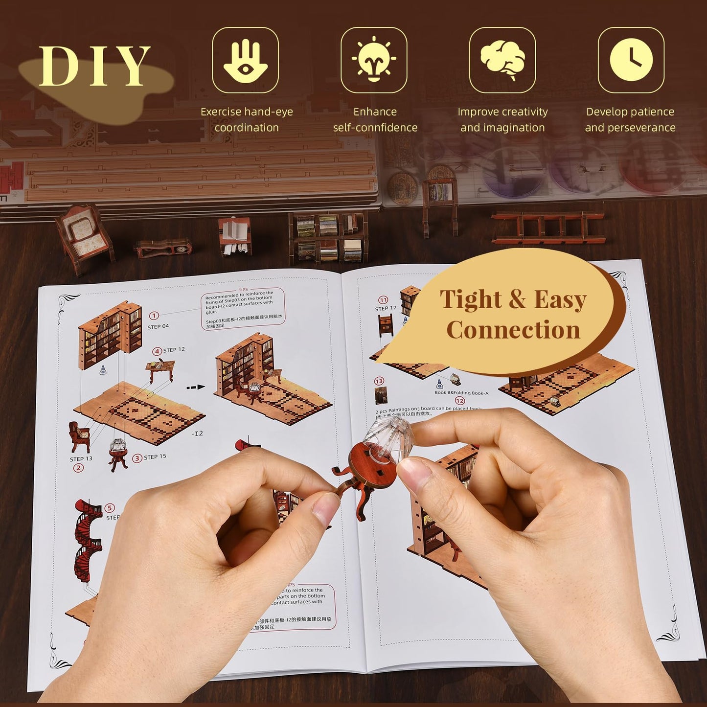 CCCDF Book Nook Kits for Adults, DIY Book Nook Kit Miniature House Dollhouse Kit, 3D Wooden Puzzle Booknook Bookend Bookshelf Decor Model Build with Dust Cover (Abbey Library)