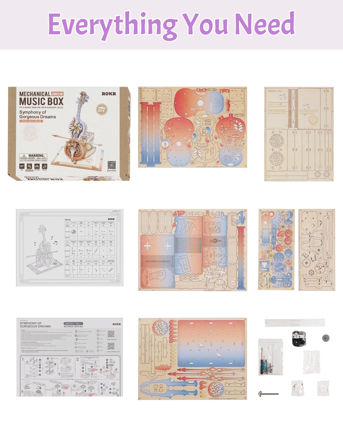 ROKR 3D Puzzles for Adults, Wooden Music Boxes-Cello, Model Kits for Adults, DIY Building Sets, Birthday Gifts Hobbies for Women Men