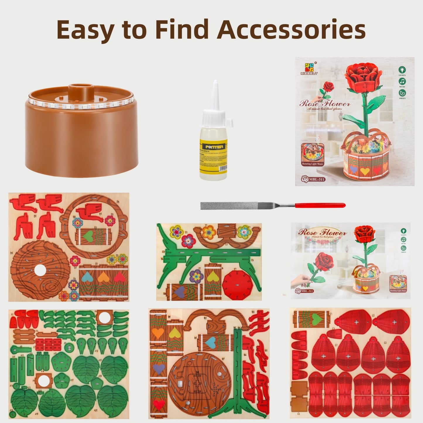 MIEBELY 3D Wooden Puzzles for Adults, Light Up 3D Puzzle Flower Rose Building Puzzle with Music Box, 216 pcs Craft Birthday Gift for Adult and Teen