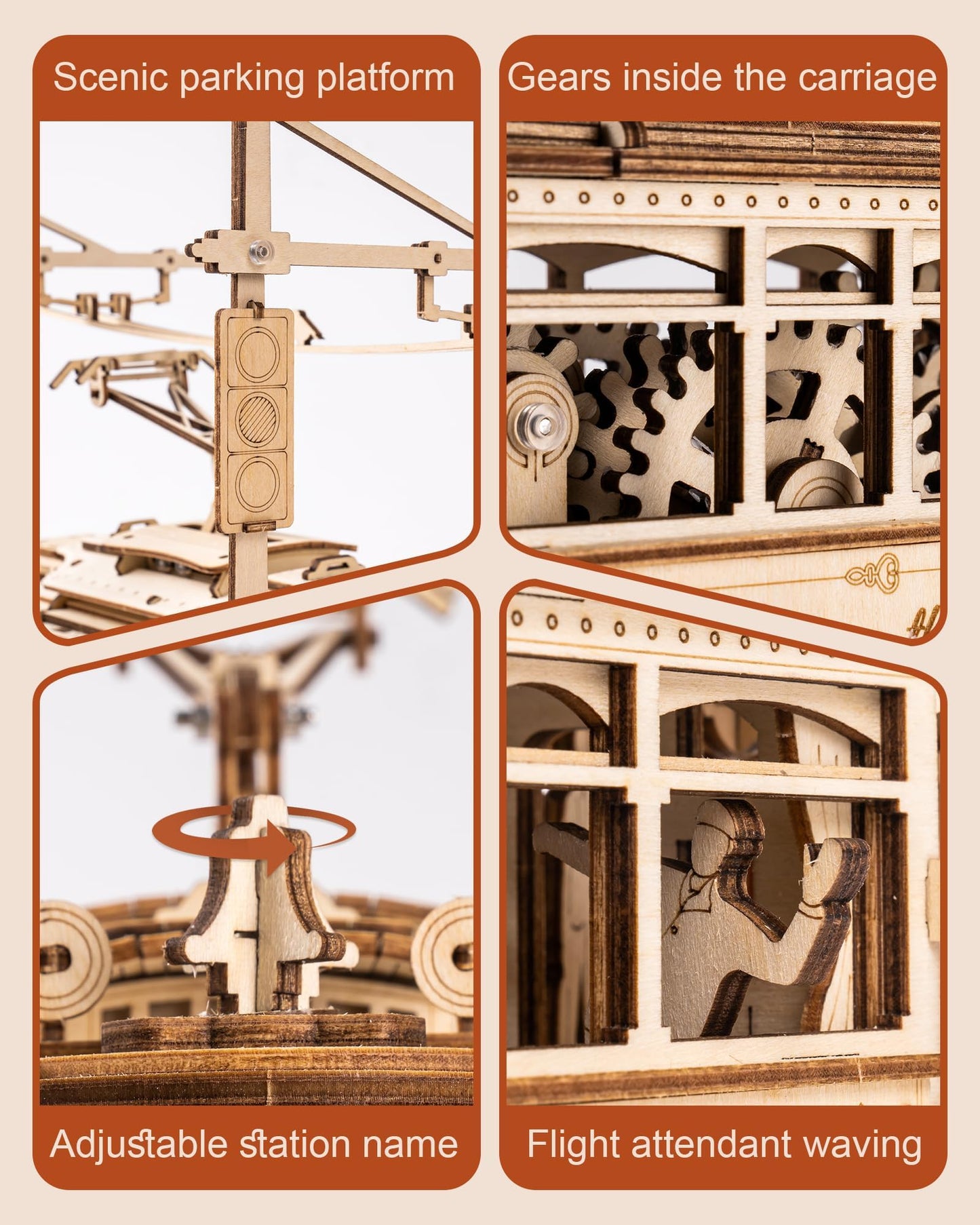 ROKR 3D Wooden Puzzles Model Car Kits for Adults to Build - Wooden Toy Tram Train Set with Railway - Wood 3D Puzzles for Adults - Gift Idea for Christmas Father's Day Birthday