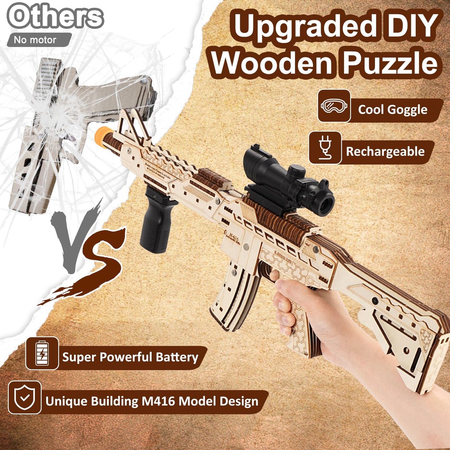 maysida 3D Wooden Puzzles for Adults, Wooden 3D Puzzle M416 Model Electric Toy Building Model Kits with Sight and Goggles, DIY Wood Crafts Cool Toys Unique Gifts Hobbies for Men Women Teens