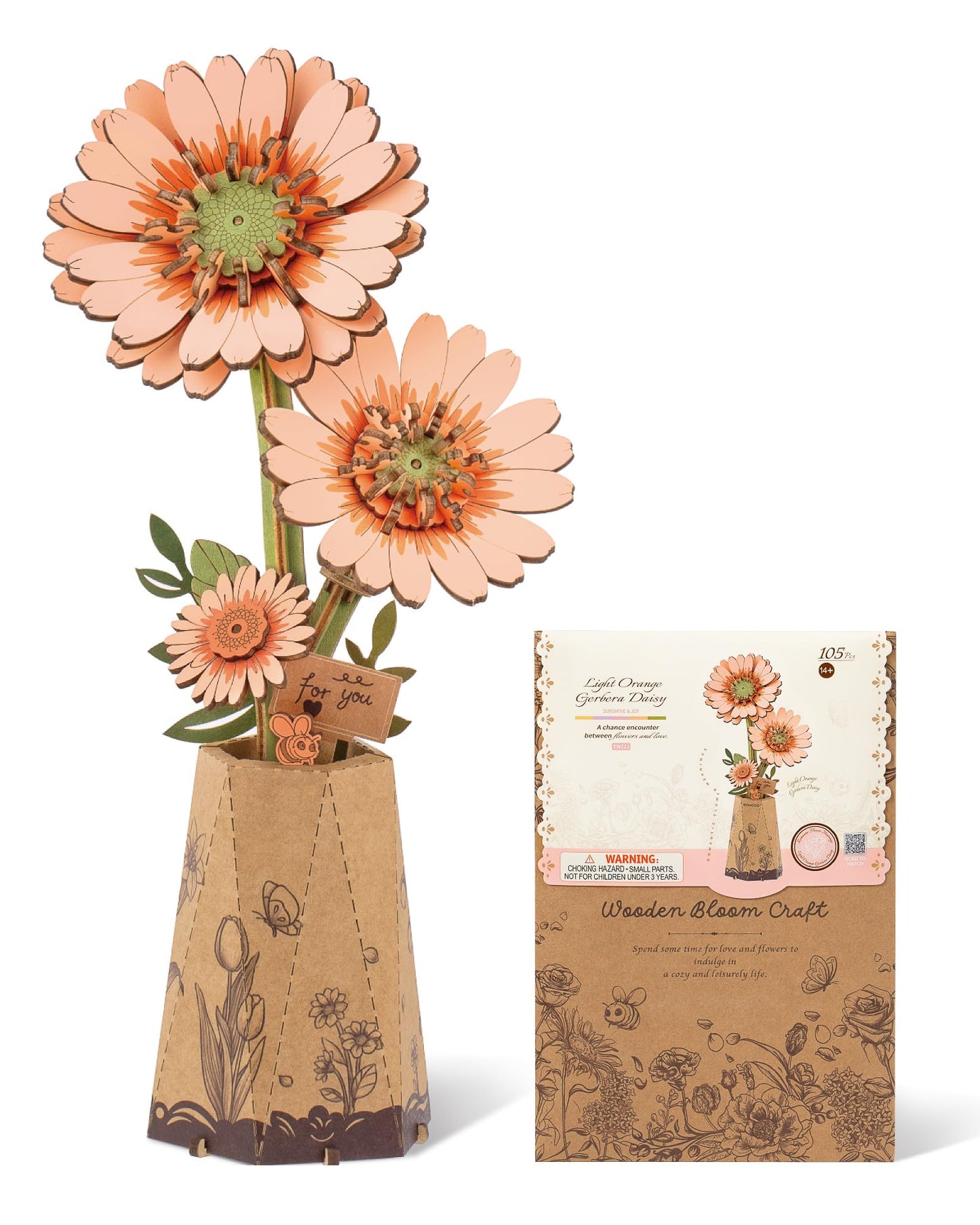 ROBOTIME 3D Puzzle Light Orange Gerbera Daisy TW111, DIY Wooden Flower Craft, Artificial Flowers Model Kit to Assemble for Adults, Home Decoration and Valentine's Day Toy Gift Set