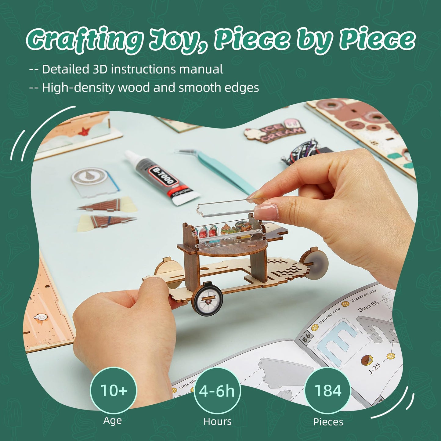 FUNPOLA 3D Wood Puzzle Ice Cream Truck Model - DIY Miniature Food Truck Dollhouse Vehicle Craft Kit with LED Lights - Perfect Creative Gift for Kids and Adults (Ice Cream Truck)