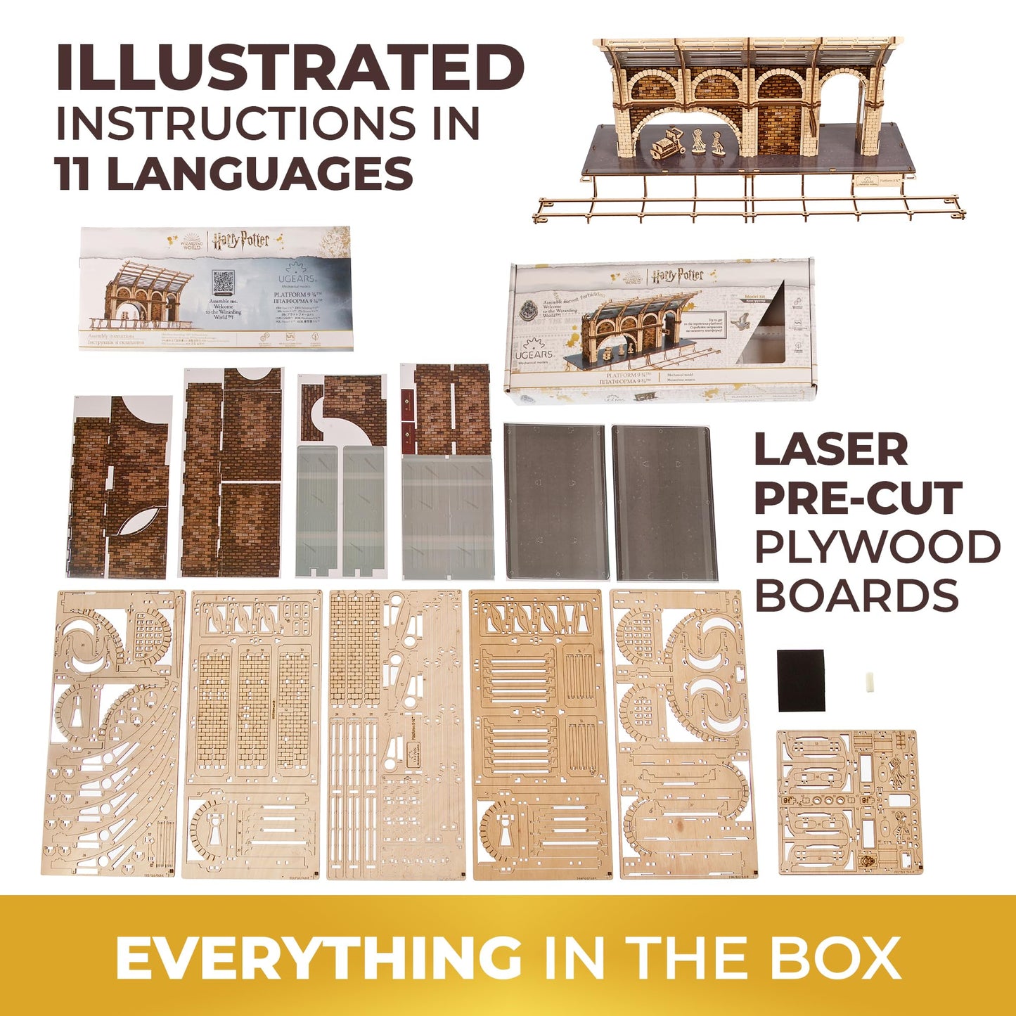 UGEARS Harry Potter Platform 9 ¾ 3D Puzzle - Wooden Model Kits for Adults To Build - Mechanical Wooden Model Kit - Compatible with Ugears Hogwarts Express Train - 3D Wooden Puzzle includes 2 Figurines