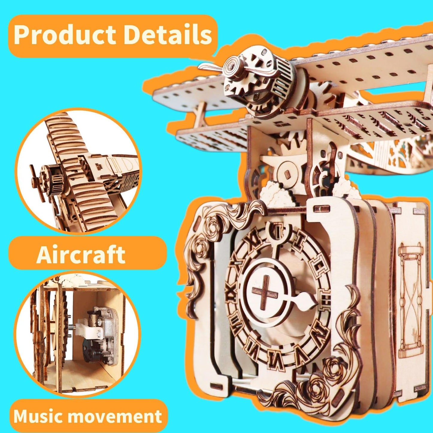 Music Park 3D Wooden Puzzle for Adults Punk Airplane Music Box Hand-Cranked You are My Sunshine Model Kit - Retro DIY Assembly Christmas and Birthdays Gift for Age14+