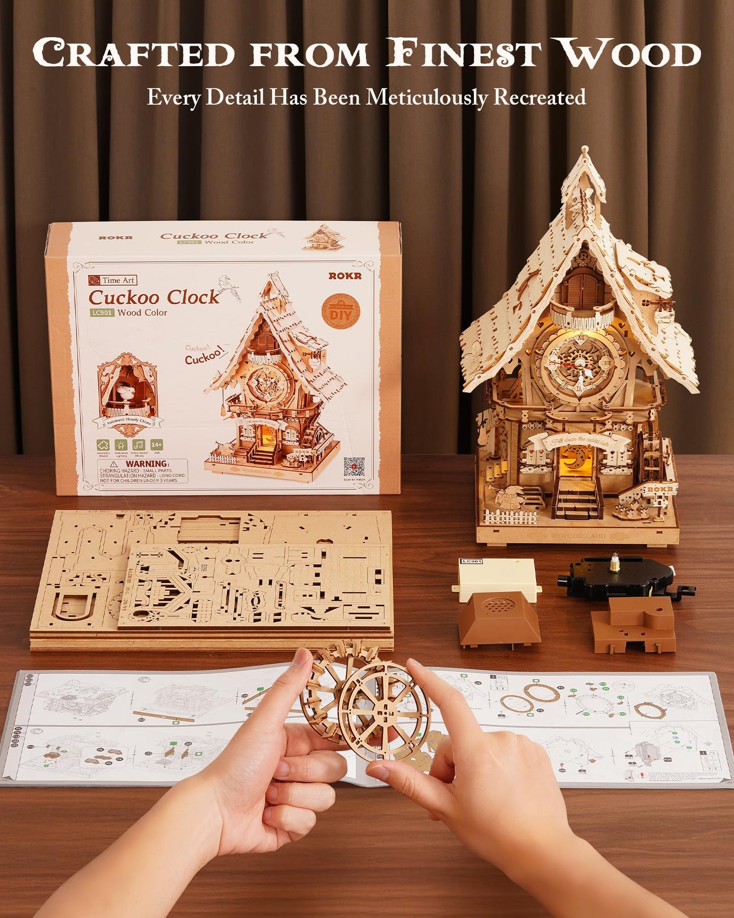 ROKR 3D Wooden Puzzles for Adults,Wooden Cuckoo Clock Model kit,435 Piece 3D Puzzles,Ideal Gift for Adults and Teens