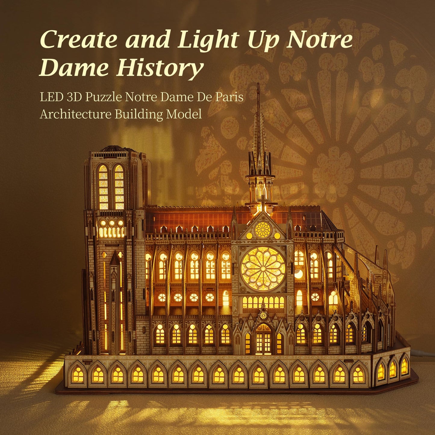 FUNPOLA LED 3D Wood Puzzle - Notre Dame de Paris Architecture Model-Night Edition with LED Lighting- DIY Building Model Craft Kit, Architecture Building Set