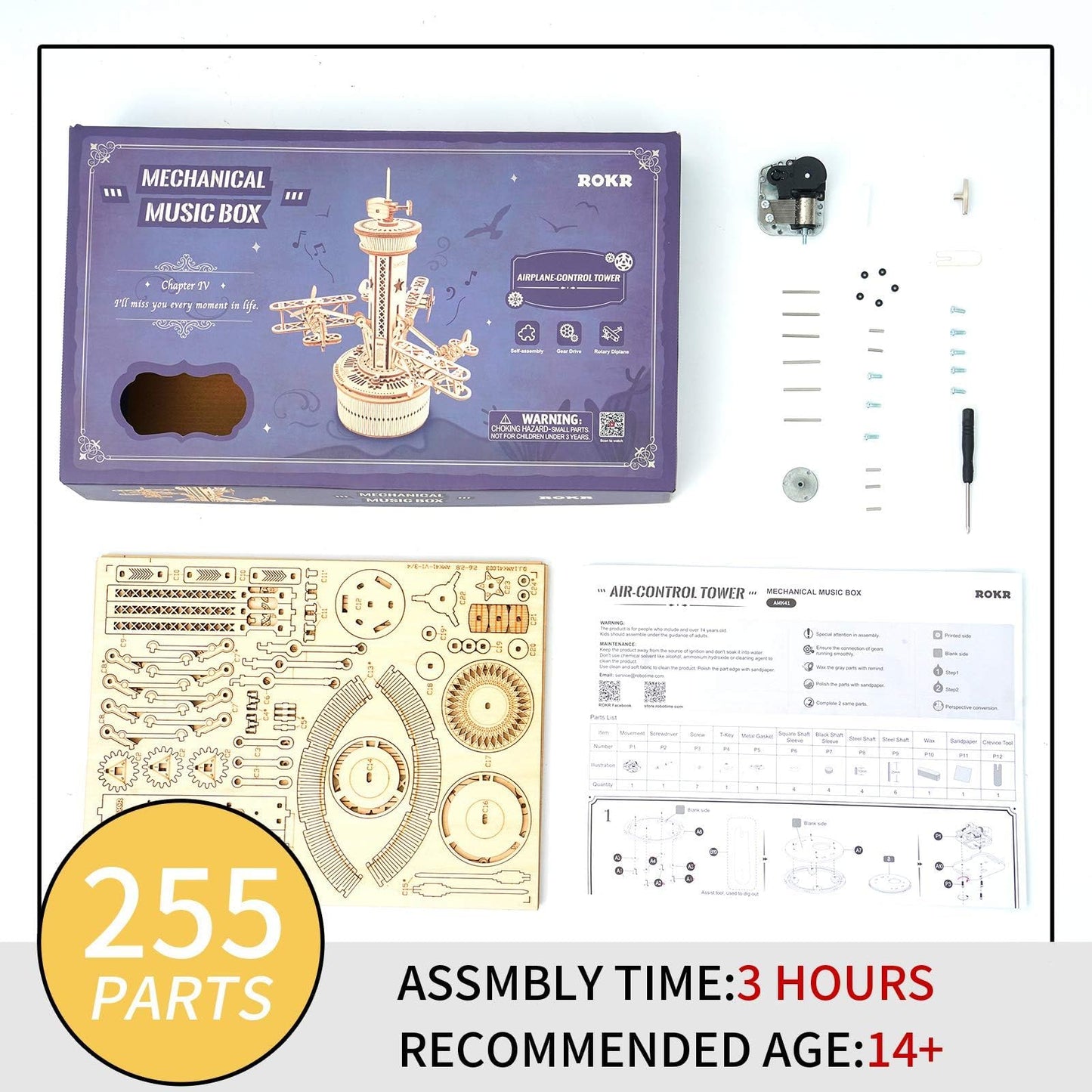 ROKR 3D Wooden Puzzle Mechanical Music Box,DIY Aircraft Model Kits to Build,Best Toy Gift for Teens,Adults on Birthday,Decoration for Room