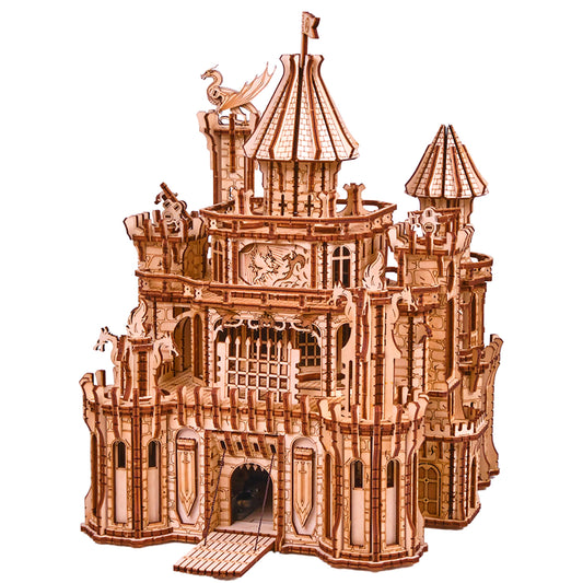 Wood Trick Dragon Castle Movable Wooden 3D Puzzles for Adults to Build - Red LED - Greensleeves Melody - Towers Rotating - Engineering DIY Project Mechanical Model Kits for Adults