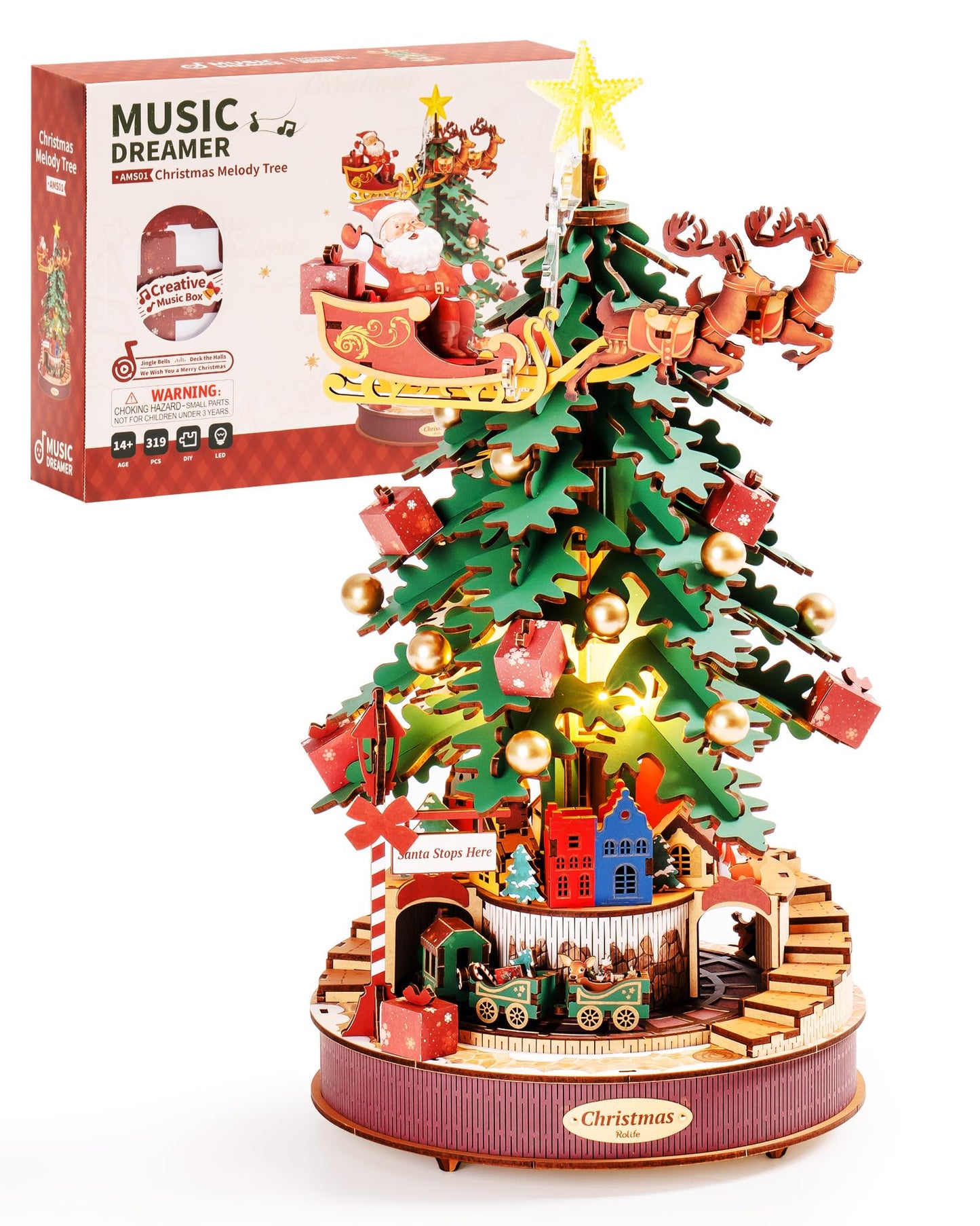 Wowood 3D Puzzles for Adults, Wooden Music Box Christmas Melody Tree, 3D Model Building Kits for Adults, Home Decor/Christmas Birthday Gifts/DIY Crafts/Hobbies for Teens (319PCS)