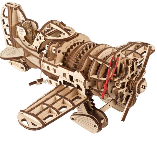 UGEARS Wooden Airplane Model Kit - Mad Hornet Airplane 3D Puzzle - 1930's Racing Aircraft Wood Model with Wind - Up Helical Spring Motor - 3D Puzzles for Adults - Vintage Mechanical Model Airplane Kit