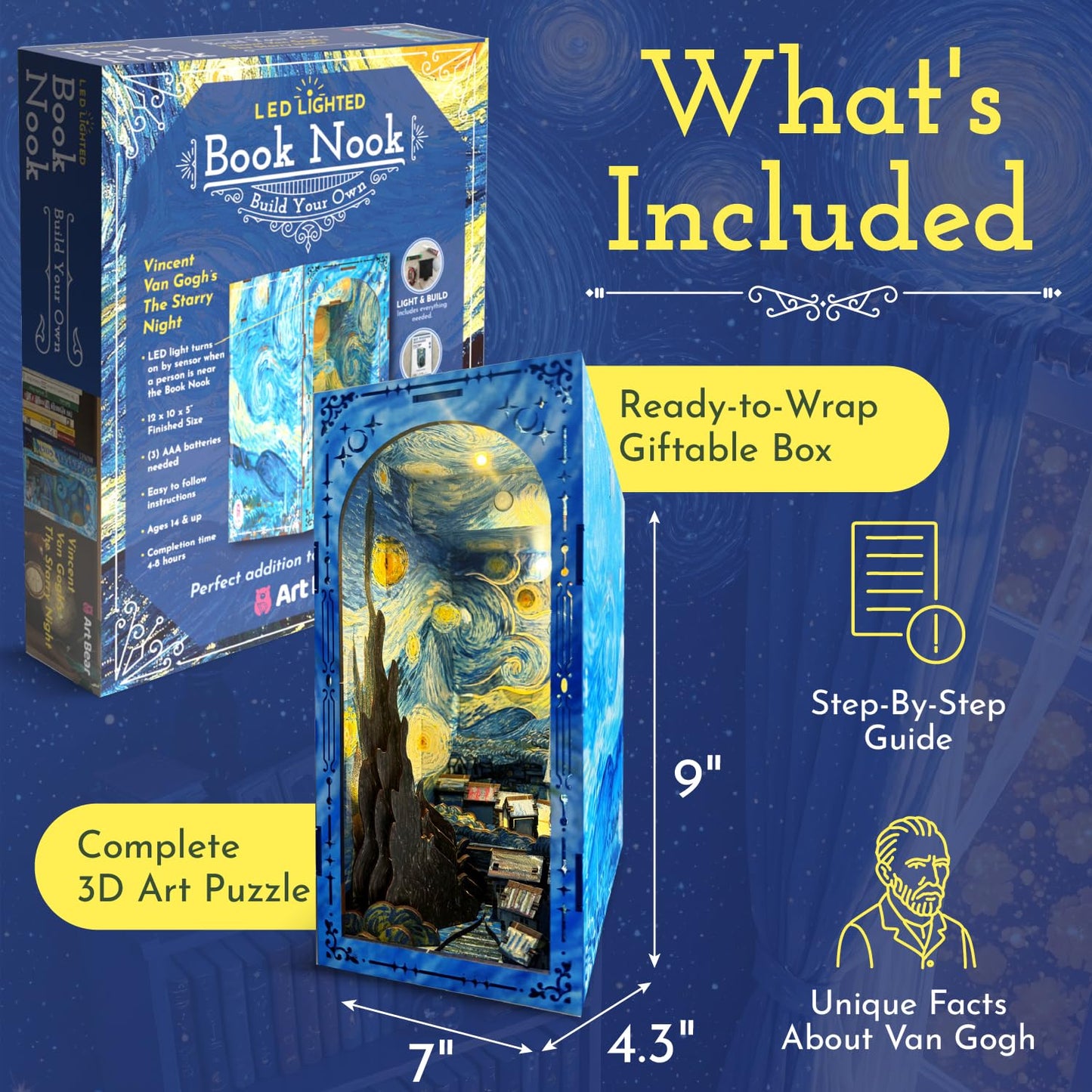 DIY Book Nook Kit - Vangogh Mini House Building Nook Kits for Adults - Wooden 3D Puzzle Bookshelf Accessory for Artisans - Perfect DIY Miniature House Kit & Creative Bookends Gift for Book Lovers