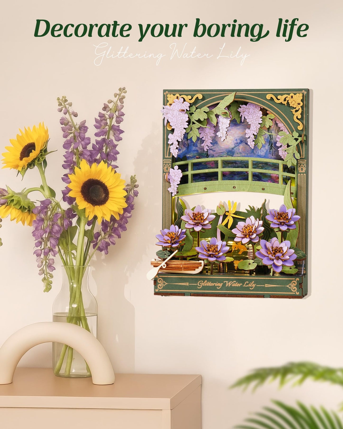 Wowood 3D Wooden Puzzles for Adults - Monet Water Lily DIY Model Building Kits with LED Light - Home Decor, Wall Art & Unique Creative Gifts for Art Lovers