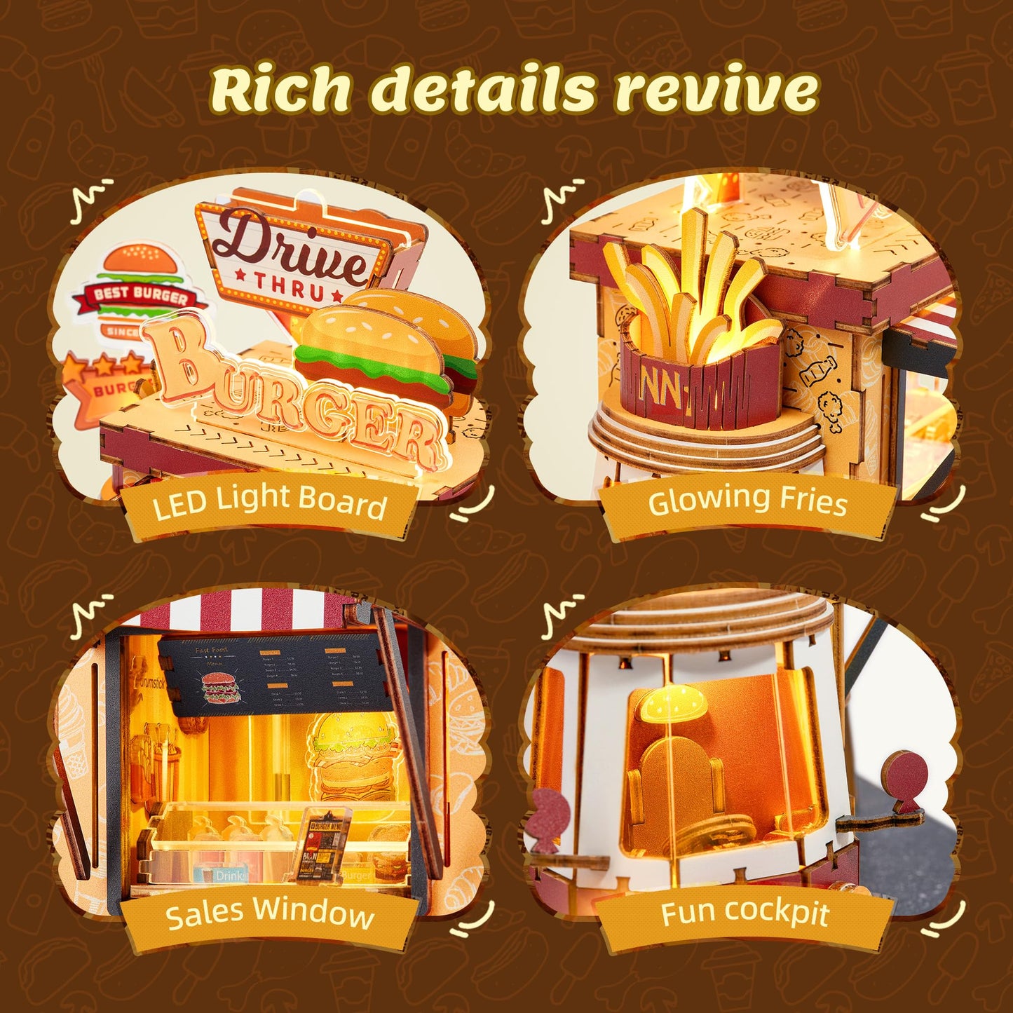 FUNPOLA 3D Wood Puzzle Burger Truck Model - DIY Miniature Food Truck Dollhouse Vehicle Craft Kit with LED Lights - Perfect Creative Gift for Kids and Adults(Burger Truck)