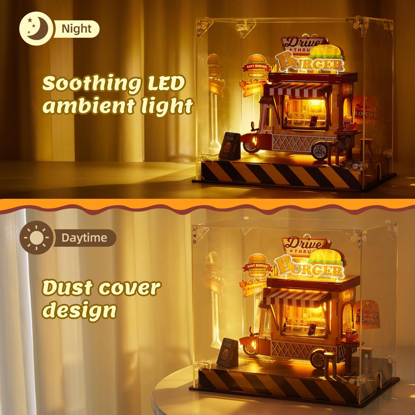 FUNPOLA 3D Wood Puzzle Burger Truck Model - DIY Miniature Food Truck Dollhouse Vehicle Craft Kit with LED Lights - Perfect Creative Gift for Kids and Adults(Burger Truck)