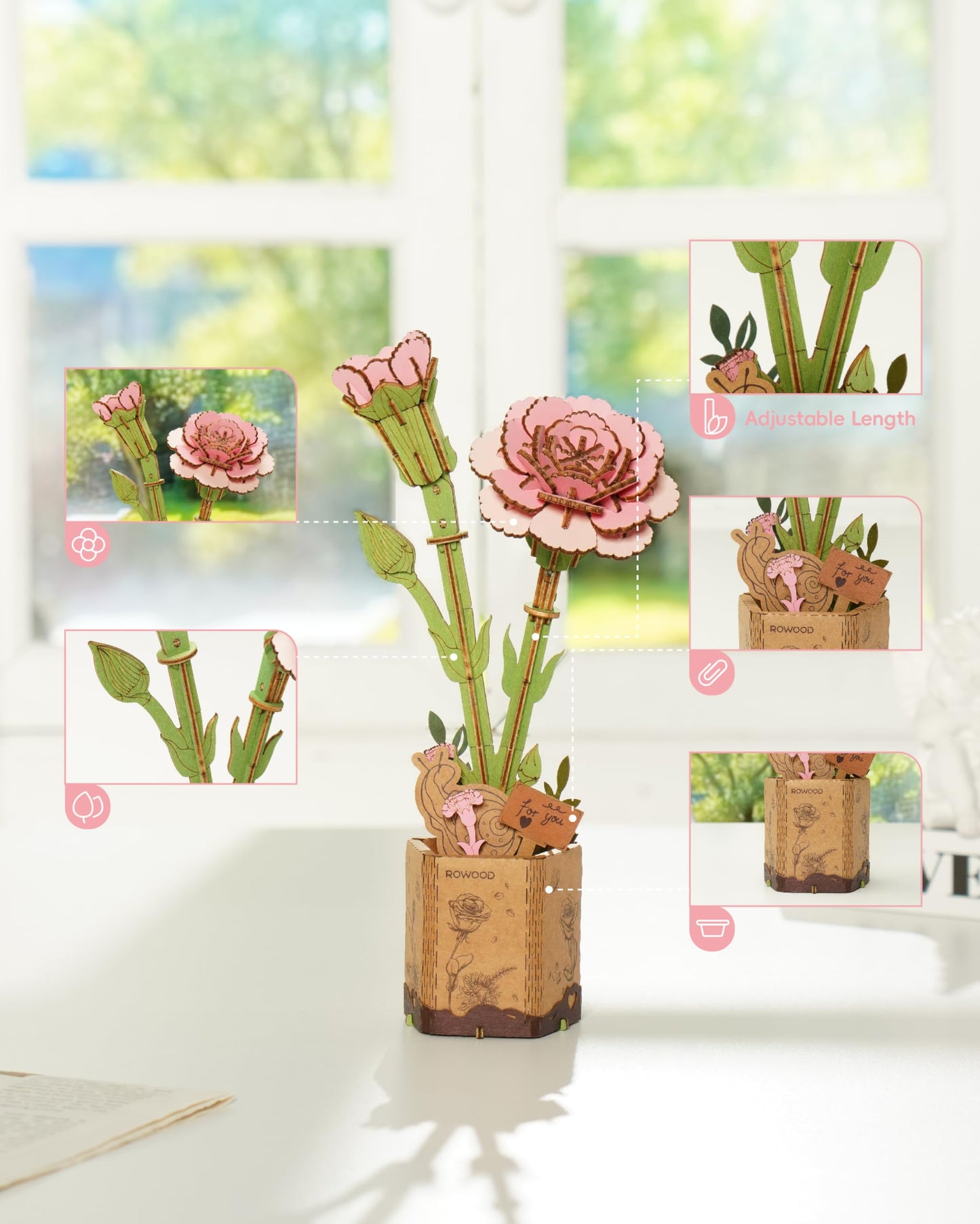 rowood 3D Puzzle Wood Flower,DIY Artifical Flower Building Set Craft Kit for Women,Mother's Day/Valentine's Day/Teacher's Day/Thanksgiving/Christmas/Birthday Gift -Pink Carnation