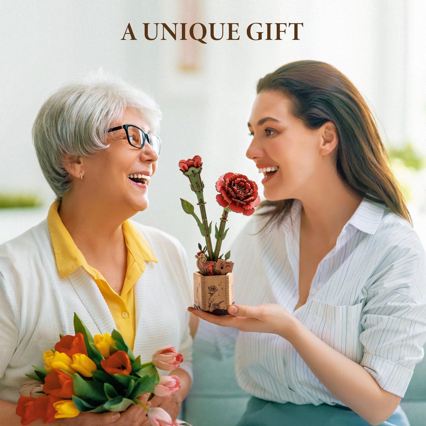 ROBOTIME 3D Wooden Flower Puzzle, Red Carnation DIY Craft Kit for Adults. Artificial Flower Decor for Table, Centerpiece, Home, Unique Gift for Mom, Wife, Women