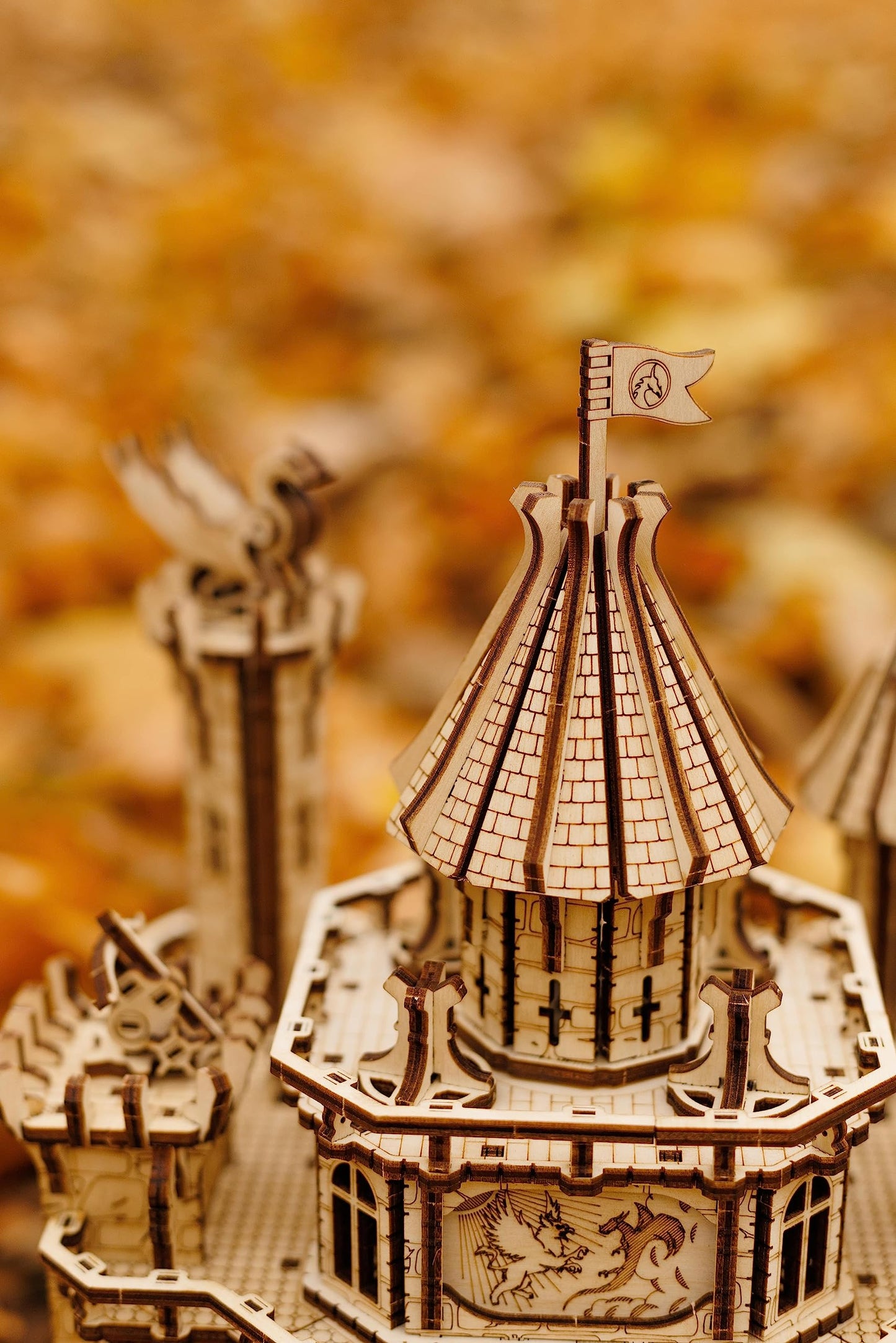 Wood Trick Dragon Castle Movable Wooden 3D Puzzles for Adults to Build - Red LED - Greensleeves Melody - Towers Rotating - Engineering DIY Project Mechanical Model Kits for Adults