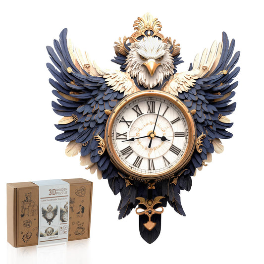 Rnfinewow 3D Wooden Puzzles for Adults, Bald Eagle Clock with Pendulum Model Kit, 3D Puzzles for Adults Room Home Decor DIY Wall Clock Kit, Holiday Birthday Christmas Day Gifts for Men Women Teens