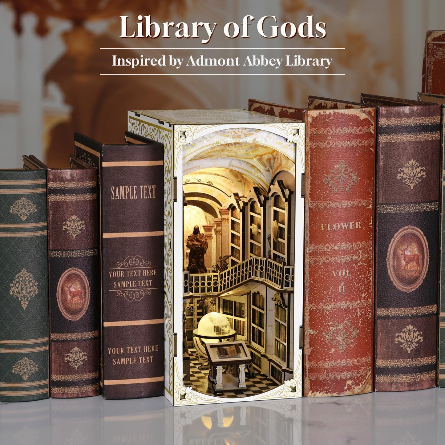 CCCDF Book Nook Kit, DIY Miniature Dollhouse Booknook Kit, 3D Wooden Puzzle Bookend Bookshelf Insert Decor with LED Light for Teens and Adults (Library of Gods)