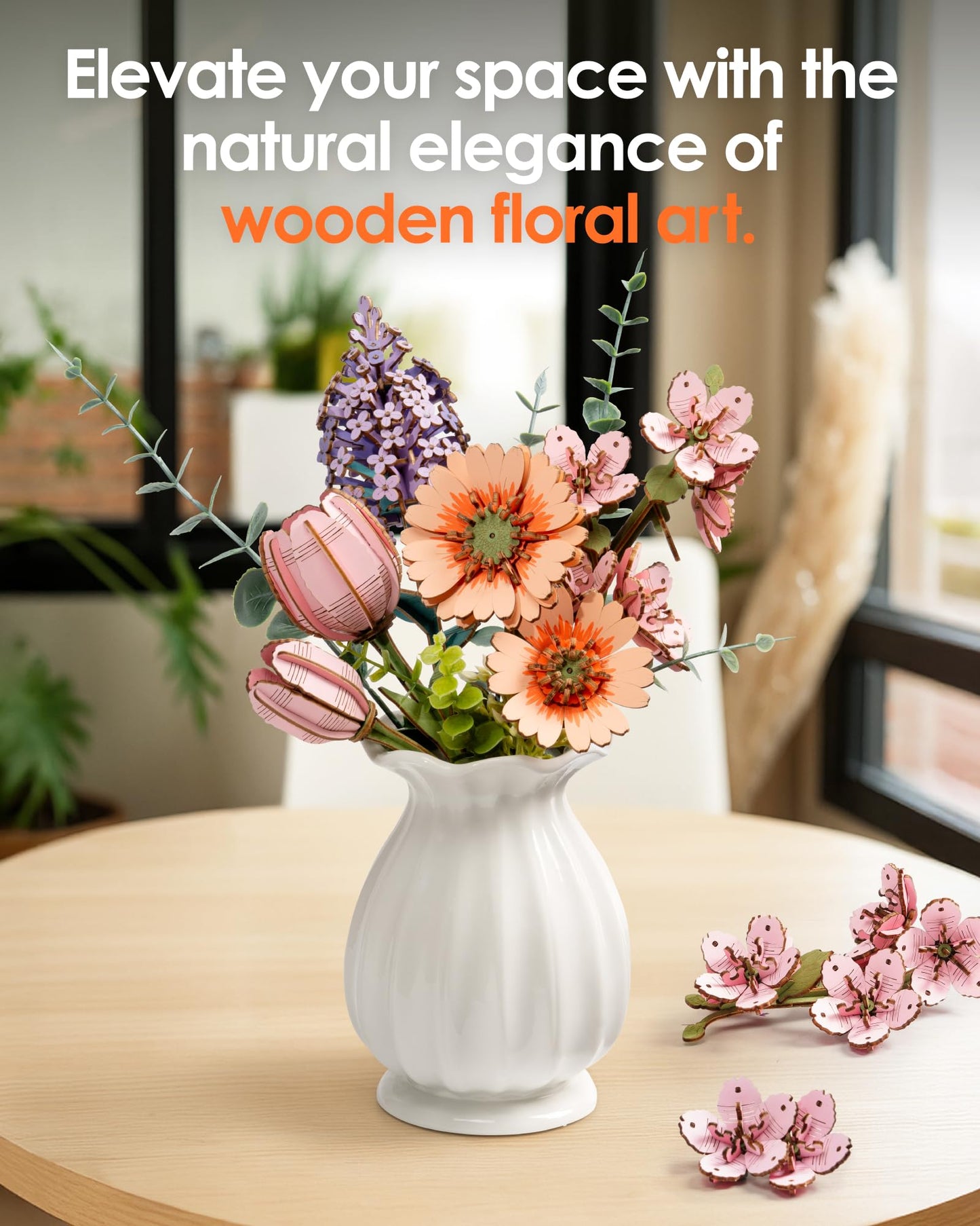 ROBOTIME 3D Puzzle Light Orange Gerbera Daisy TW111, DIY Wooden Flower Craft, Artificial Flowers Model Kit to Assemble for Adults, Home Decoration and Valentine's Day Toy Gift Set