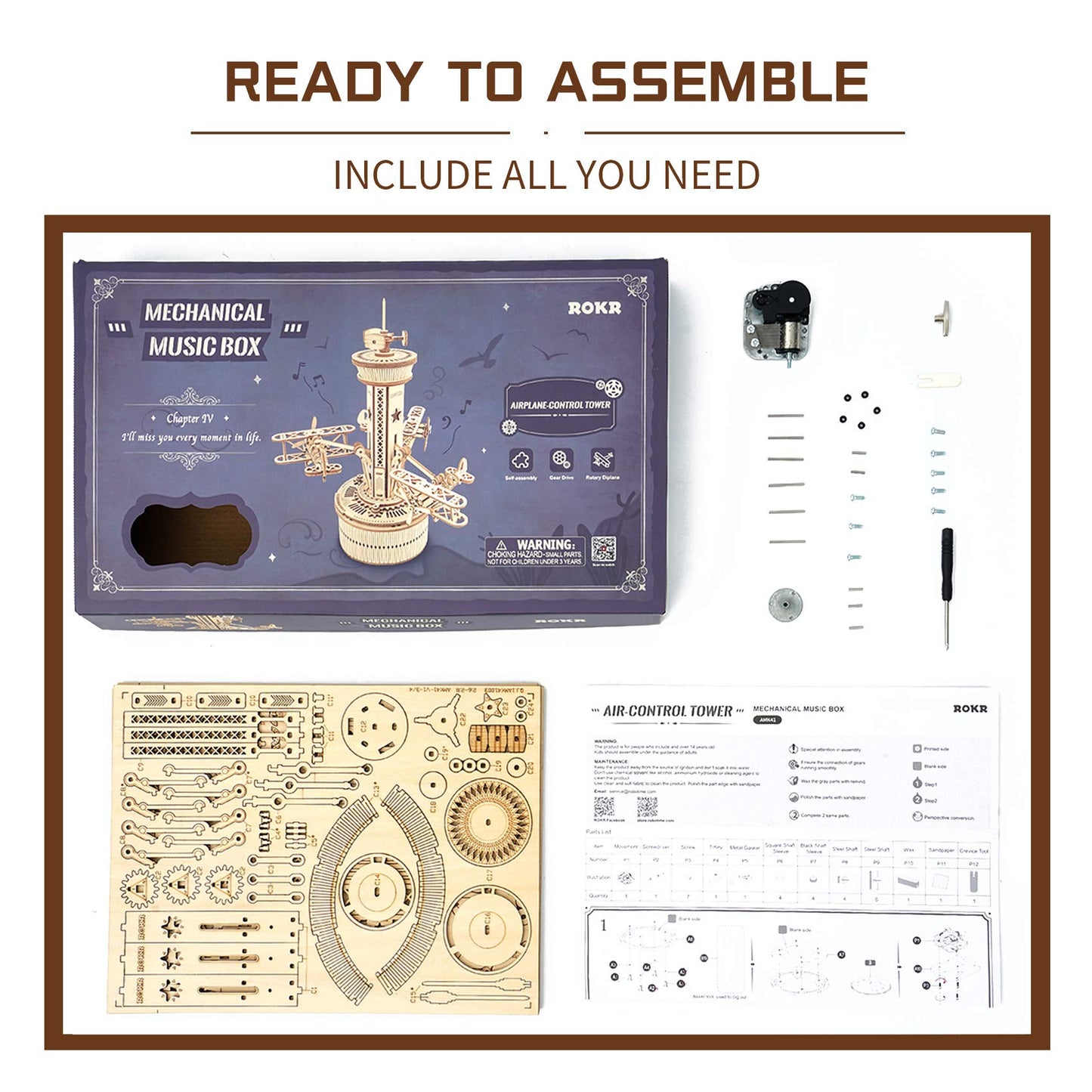 ROKR Wooden Music Box Puzzle, DIY Airplane Tower, 1 Set, Desk Decor for Adults & Teens, Non-Toxic, Hand-Eye Coordination, Gift for Boys & Girls Ages 14+