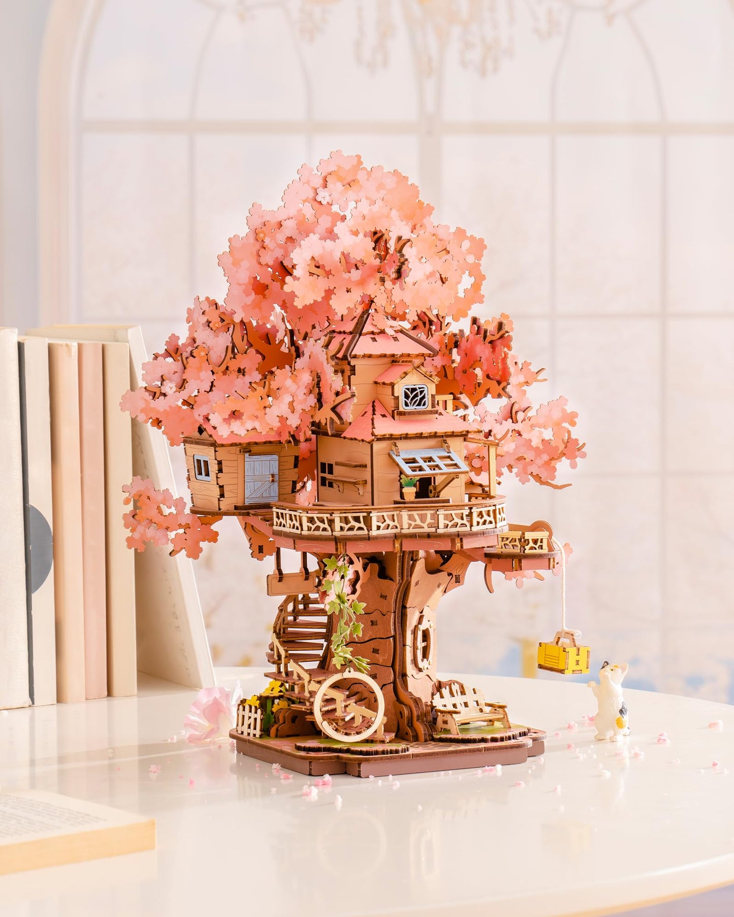 ROBOTIME DIY Miniature House Kits for Adults, 3D Wooden Puzzles for Teenager, Japanese Cherry Blossom Tree Sakura Bonsai Plants for Birthday Gifts and Hobbies (Sakura Tree House)