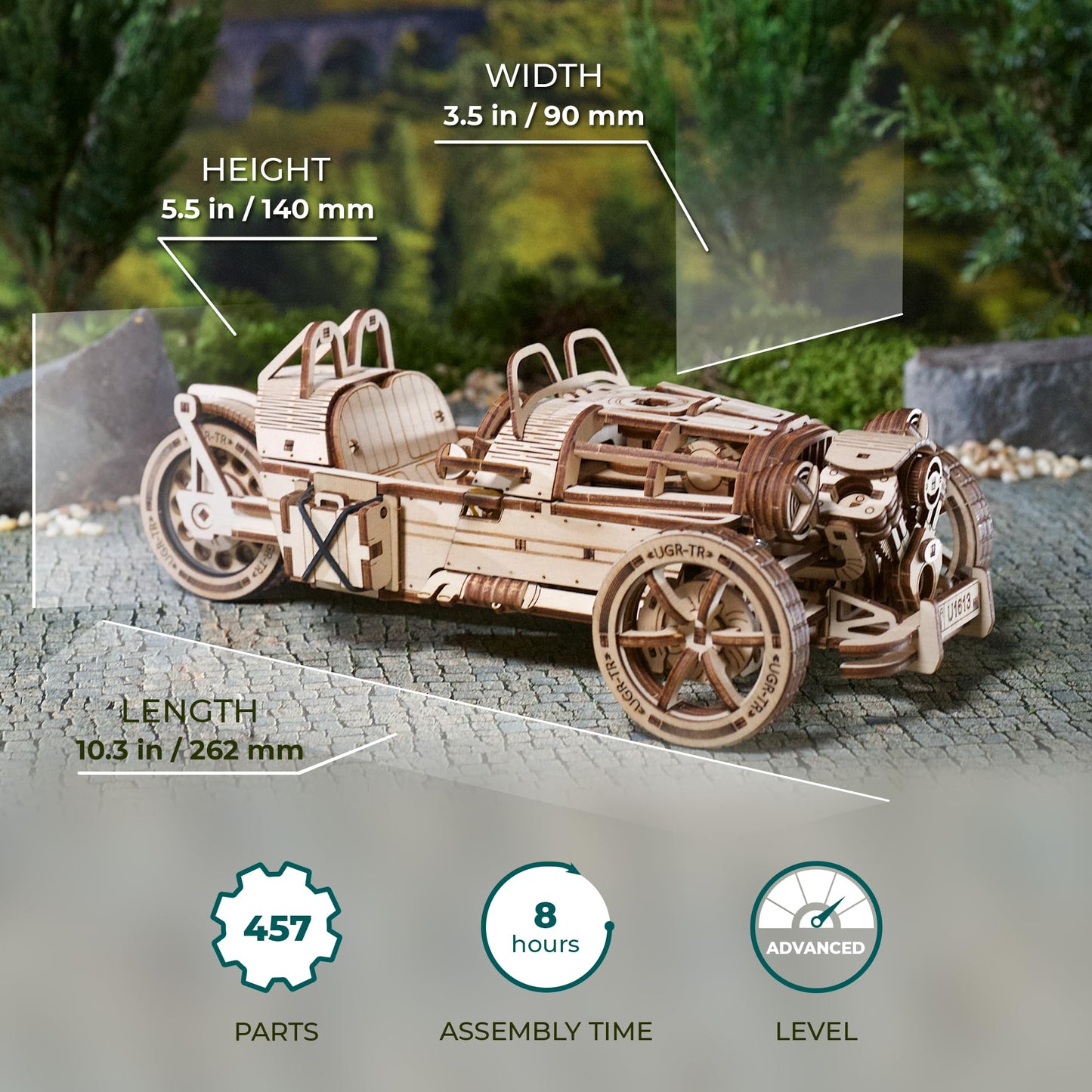 UGEARS Wooden 3D Puzzles for Adults - Three-Wheeler UGR-S Motorcycle Model Kit with Spring Motor, Functional Steering and Chain Drive – DIY Model for Motorcycle Enthusiasts 457 Pcs
