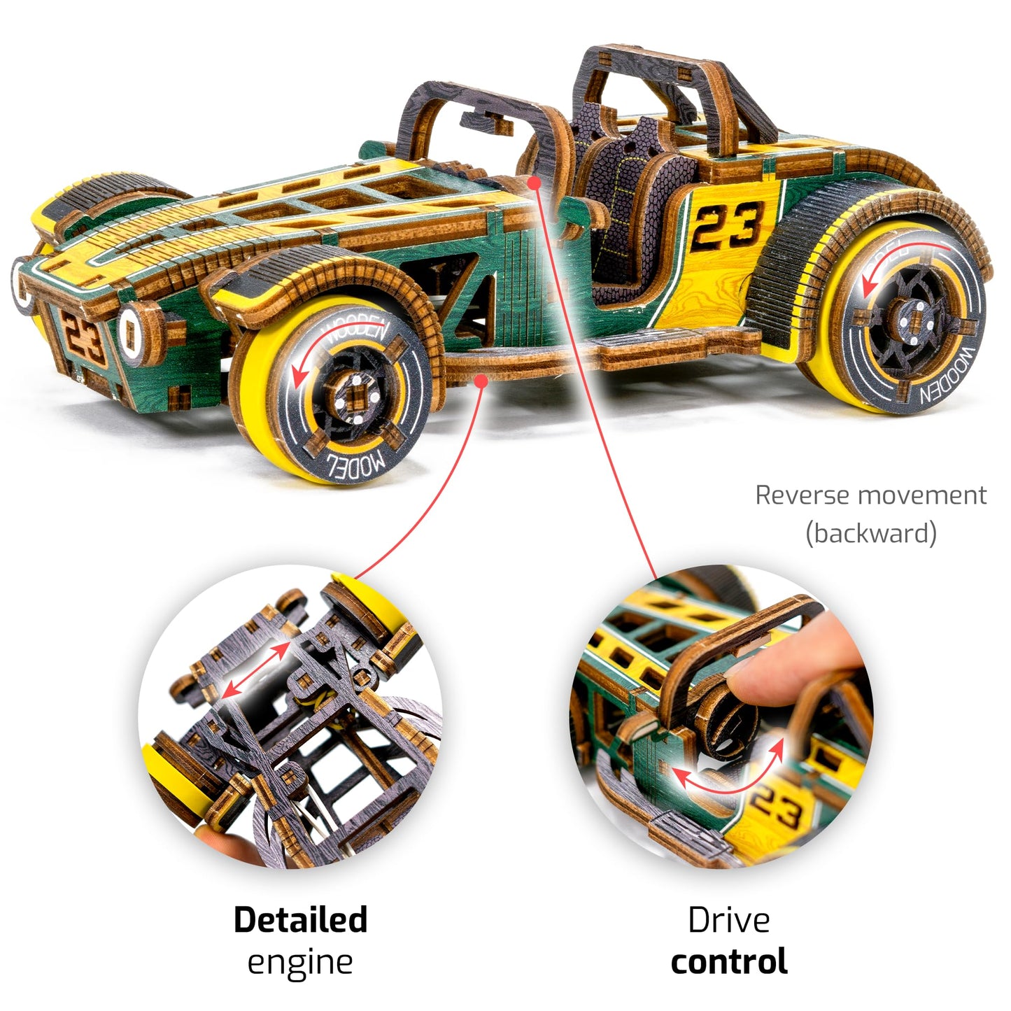 WOODEN.CITY Roadster LE 3D Wooden Puzzles for Adults – Build Your Own Roadster car with Rubber‑Band Motor – Self‑Assembly Model, DIY Gift for Adults and Teens