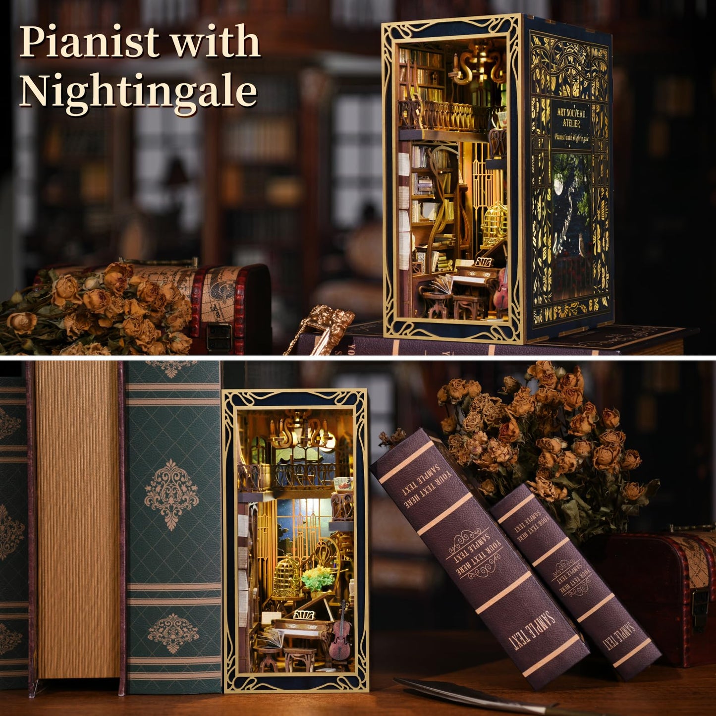 CCCDF Book Nook Kit, DIY Miniature Dollhouse Booknook Kit, 3D Wooden Puzzle Bookend Bookshelf Insert Decor with LED Light for Teens and Adults (Pianist with Nightingale)