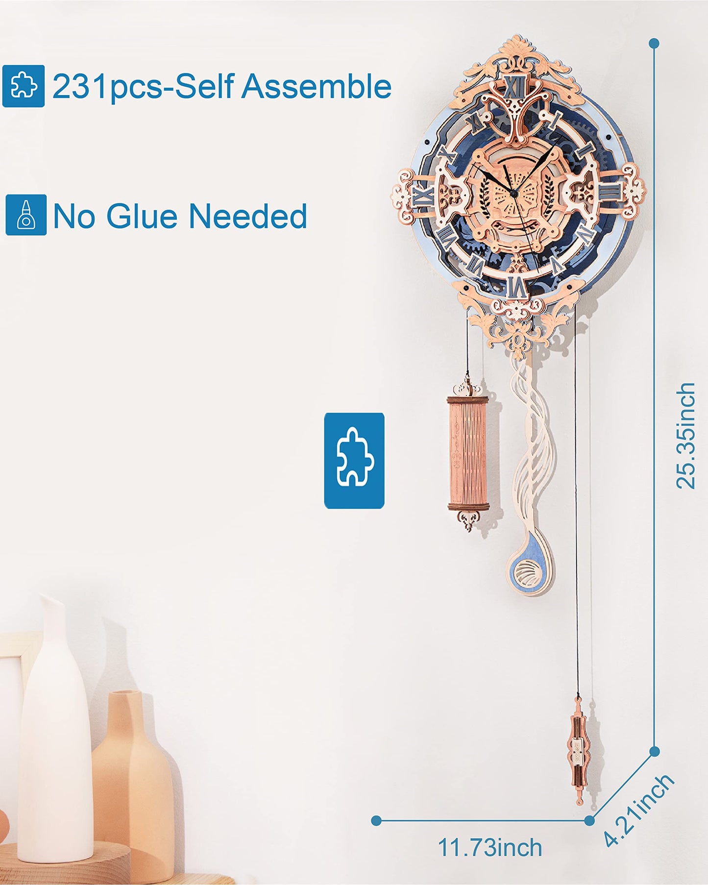 ROBOTIME Clock Wooden Puzzle, 3D Puzzle for Adults Wooden Metal Mechanical Model Clock Kits to Build, Hobbies Gift for Men Aesthetic DIY Decoration Wall Clock with Pendulum