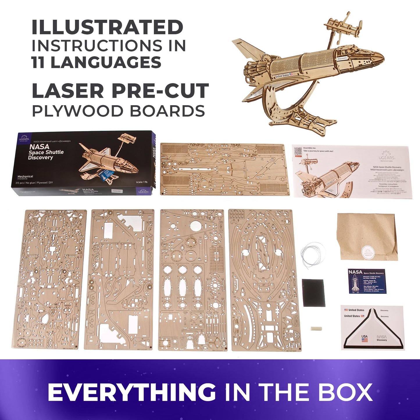 UGEARS NASA Space Shuttle Discovery - Wooden Models to Build for Adults - Space Shuttle Model Kit - Mechanical 3D Puzzle Wooden Model Kit for Adults - Spacecraft Model with Detailed Features
