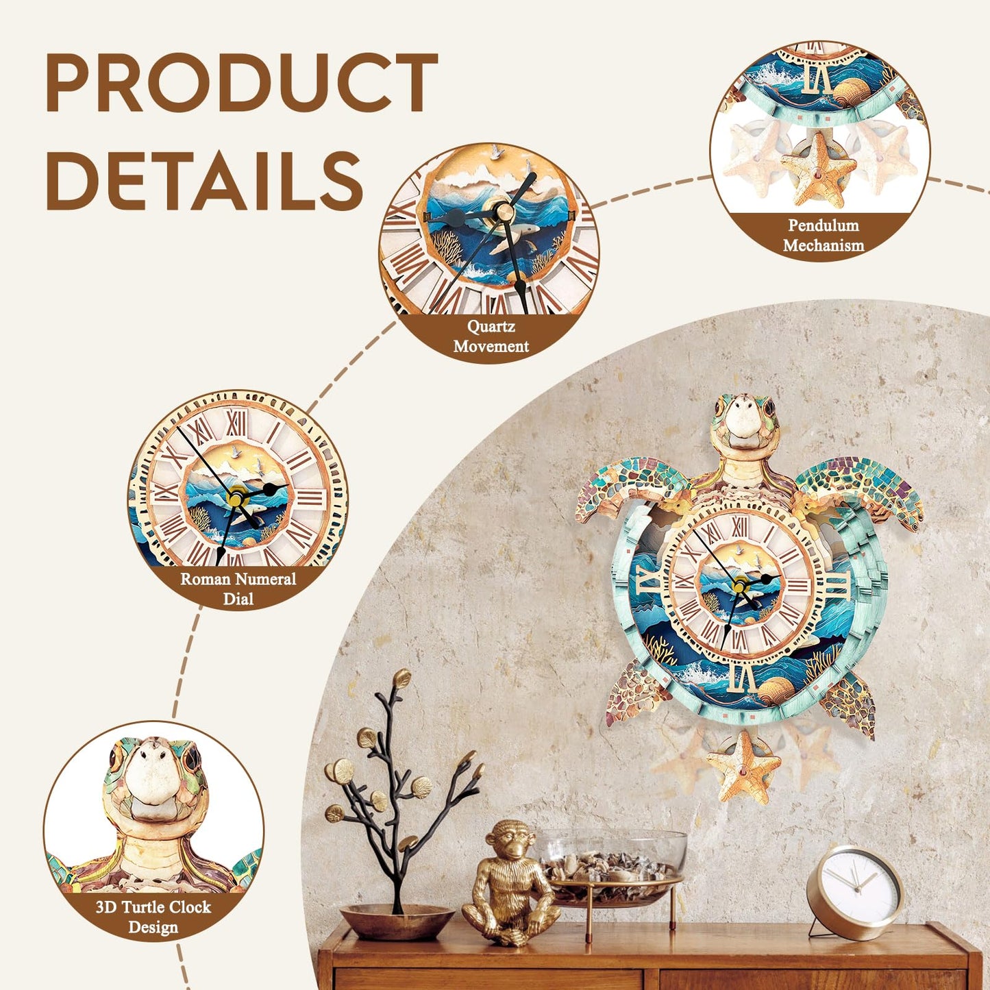 Cutywood 3D Puzzles for Adults Clock-Turtle Design Model Kit-Mechanical DIY Pendulum Clock with Roman Numerals-Desk Home Office Decor Personalized Gift for DIY Lovers