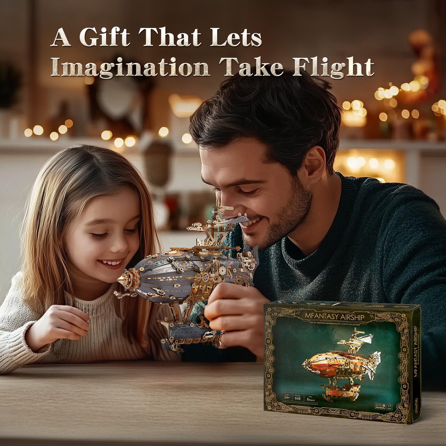 FUNPOLA LED 3D Wood Puzzle Fantasy Airship Model - Steampunk DIY Craft Kit with LED Lights – Intricate Wooden Airship Model Building Set for Teens and Adults(Gray)