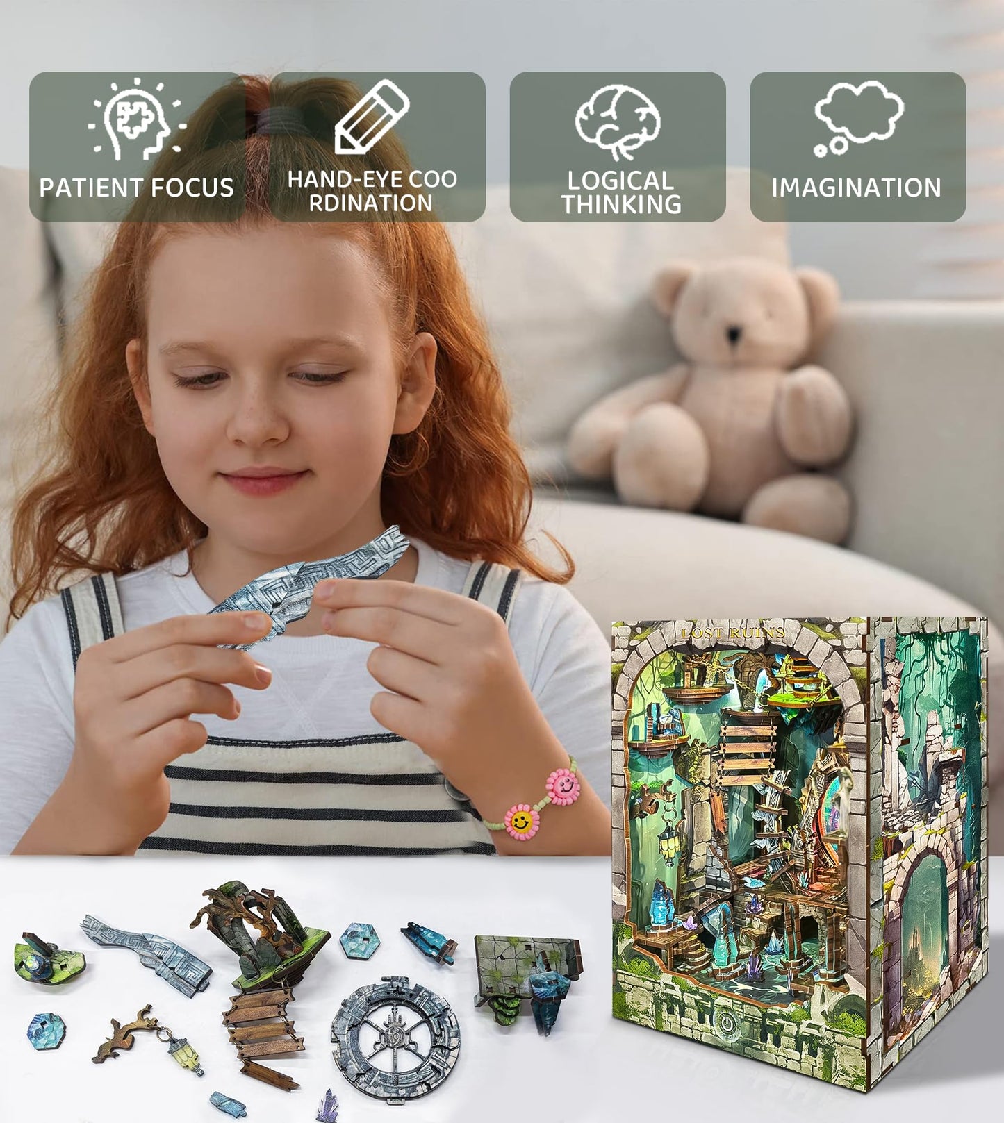 Spilay DIY Book Nook Kit,DIY Dollhouse Booknook Bookshelf Insert Decor Alley,Bookends Model Build kit,Handmade Crafts Gifts for Birthday Valentine's Day (Lost Ruins with Dust Cover)