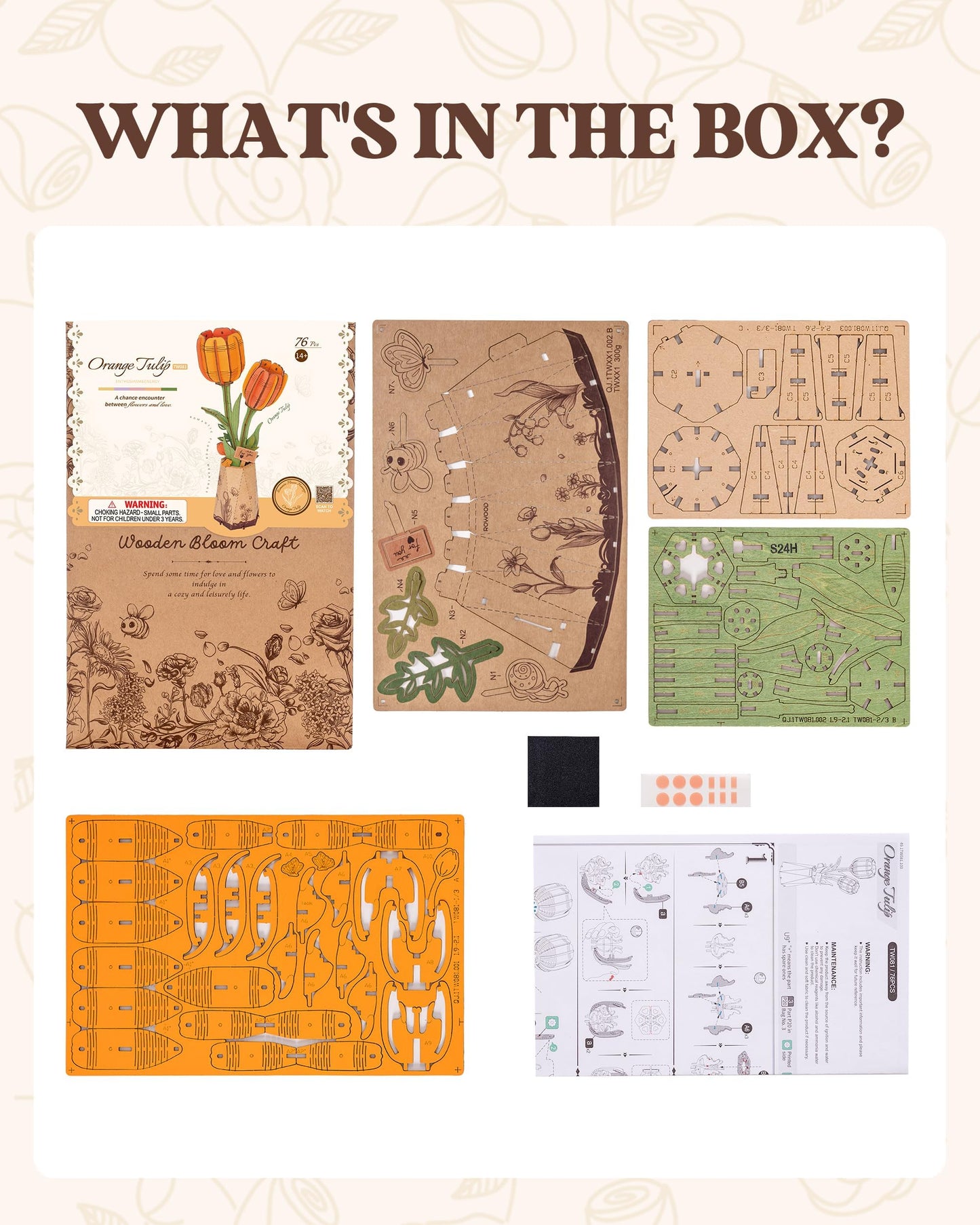 ROBOTIME 3D Puzzle Orange Tulip TW081, DIY Wooden Flower Craft, Artificial Flowers Model Kit to Assemble for Adults, Home Decoration and Valentine's Day Toy Gift Set